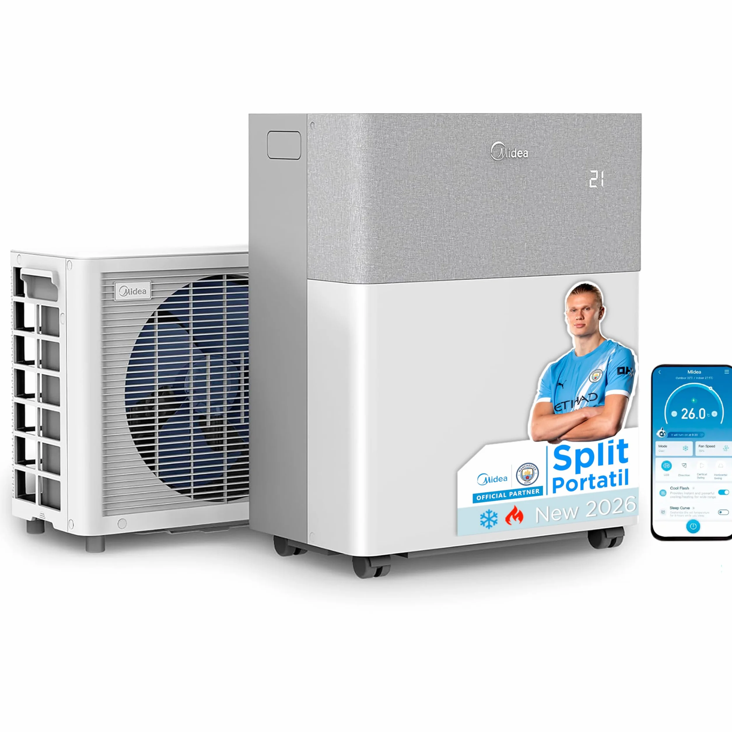 Midea Portasplit Aire Acondicionado Portatil 4 en 1 | 3000 frigorías / 12000 BTU | Split sin Obra de Bajo Consumo con modo Silence, App/Wifi, Deshumidificador, Calefacción y Ventilador hasta 45 m2