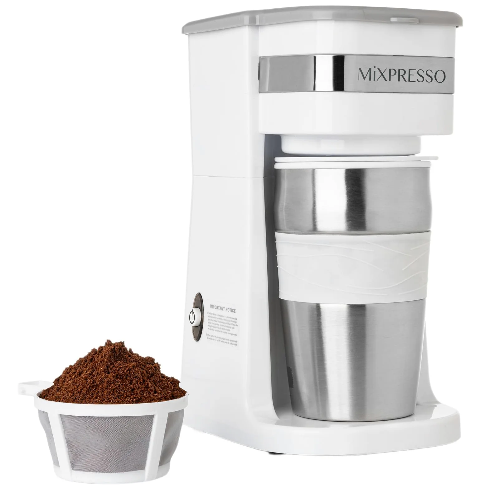 Mixpresso Cafetera personal blanca de una sola porción con taza de viaje de 14 onzas, cafetera pequeña de goteo con apagado automático, filtro reutilizable, funciona solo con café molido, no para