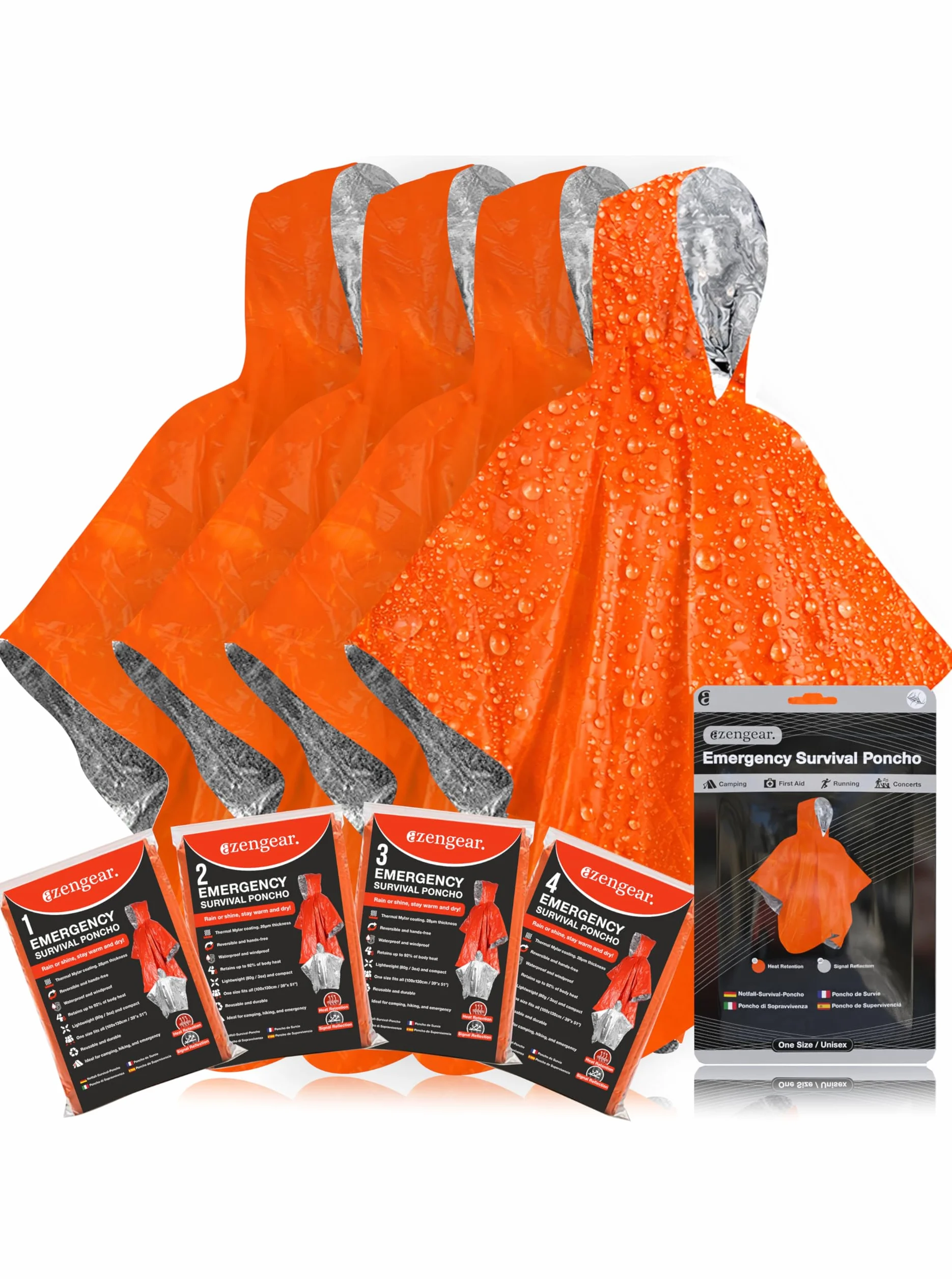 aZengear Poncho de Supervivencia 4 Piezas Manta Térmica de Emergencia Impermeable Resistente al Viento Reversible con Capucha Senderismo Naranja