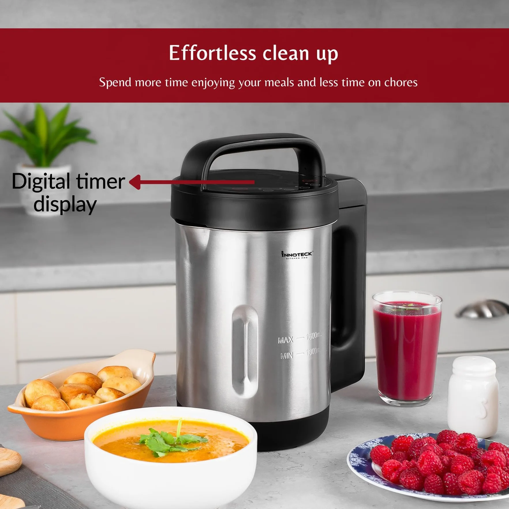 Innoteck Kitchen Pro - Máquina de sopa de 1,6 L con jarra de acero inoxidable, ideal para sopas suaves y gruesas o batidos saludables, 4 funciones preestablecidas, pantalla de temporizador digital,