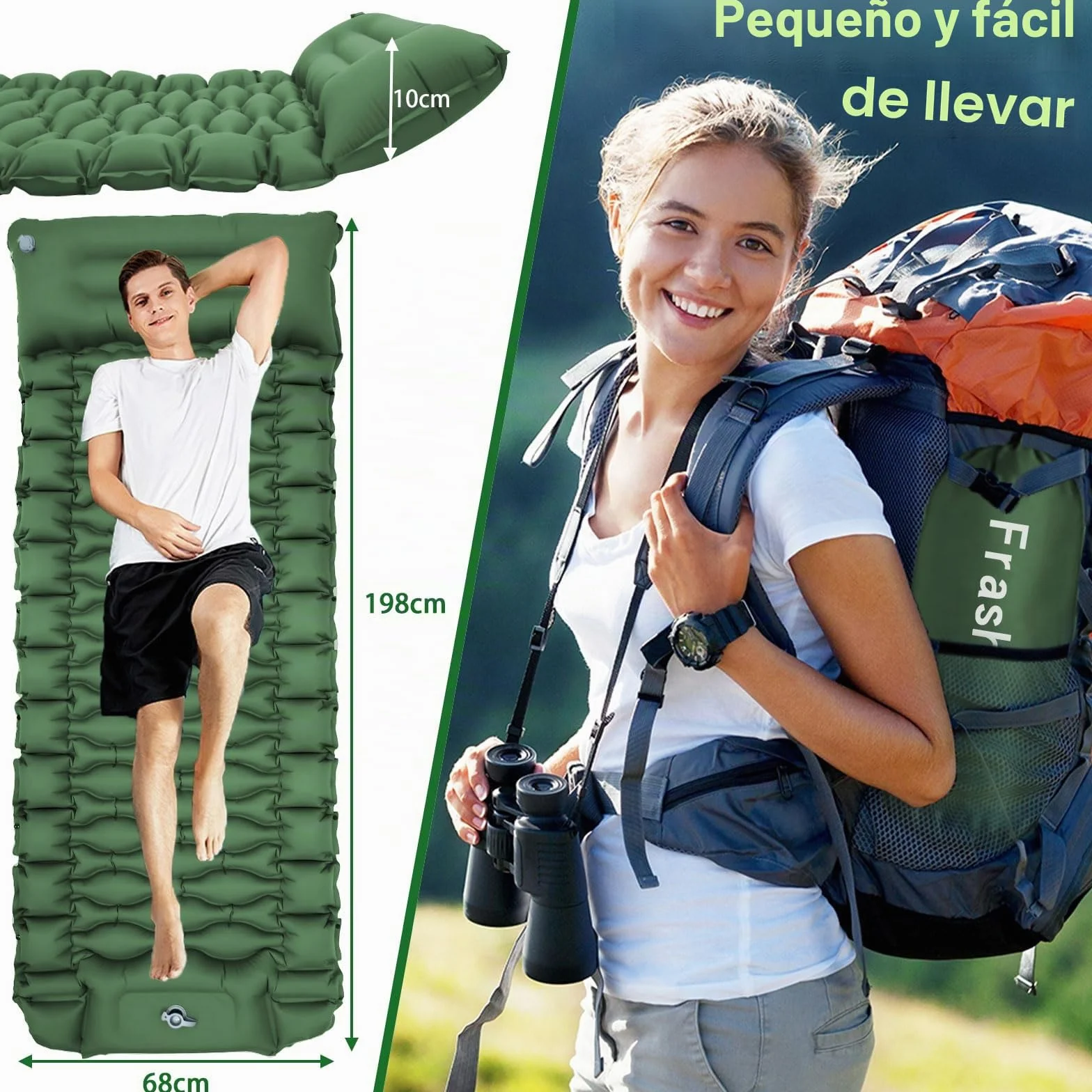 Colchón Hinchable Camping 10 cm Espesor con Almohada y Bomba de Pie, Esterilla Inflable para Dormir, Verde
