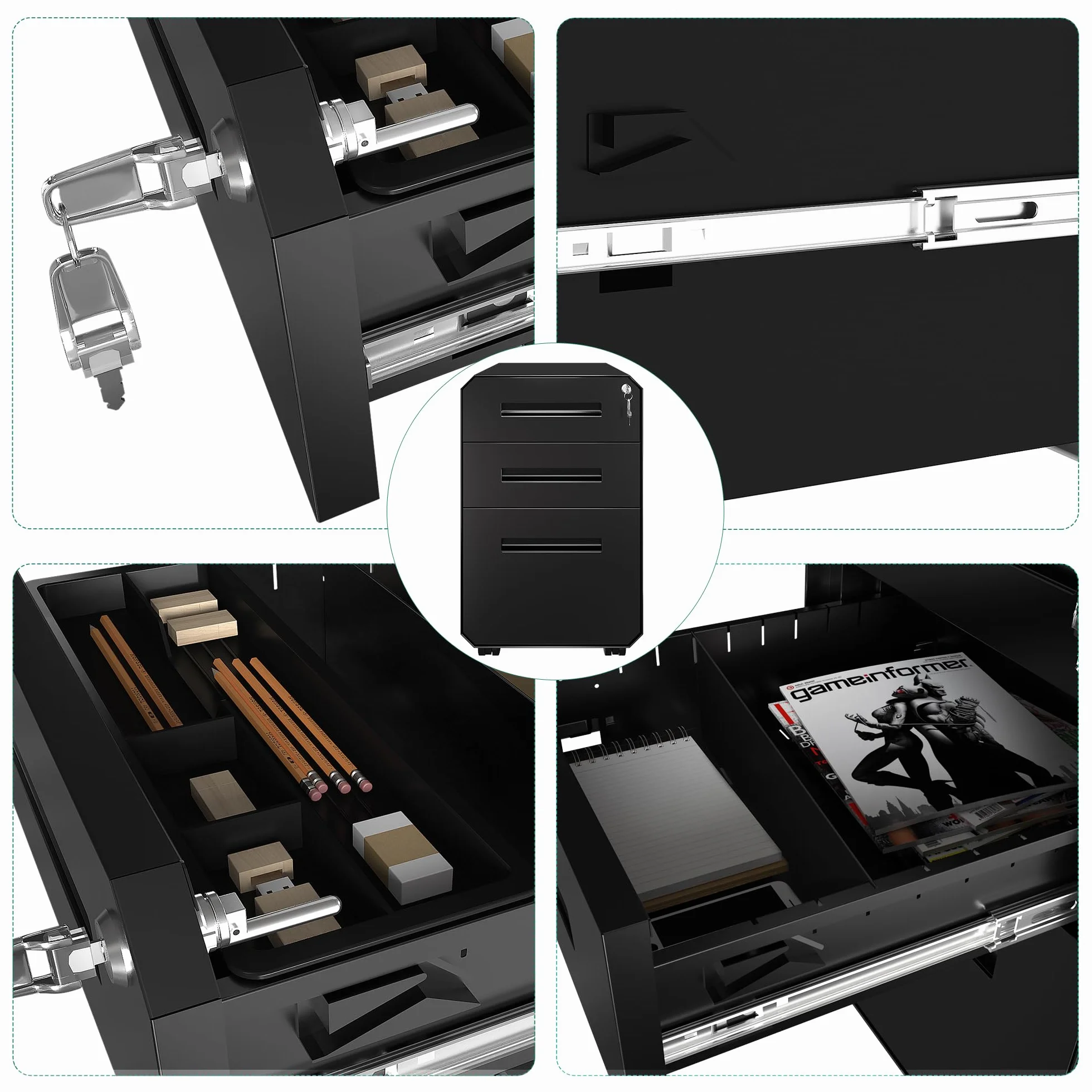 YITAHOME Armario Archivador con 3 Cajones, Cajonera de Oficina Móvil con Ruedas, Metalico Mueble Oficina Archivador con Cerradura y Llave para Carta/A4, Negro, 51 x 40 x 64cm