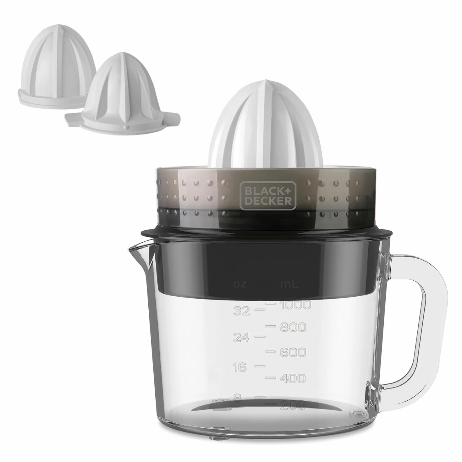 BLACK+DECKER - Exprimidor Eléctrico Automático 30W | Zumo de Naranjas y Cítricos | Jarra Transparente 1L Graduada | Sin BPA | Pulpa Ajustable | Desmontable | Apto Lavavajillas | Doble Giro