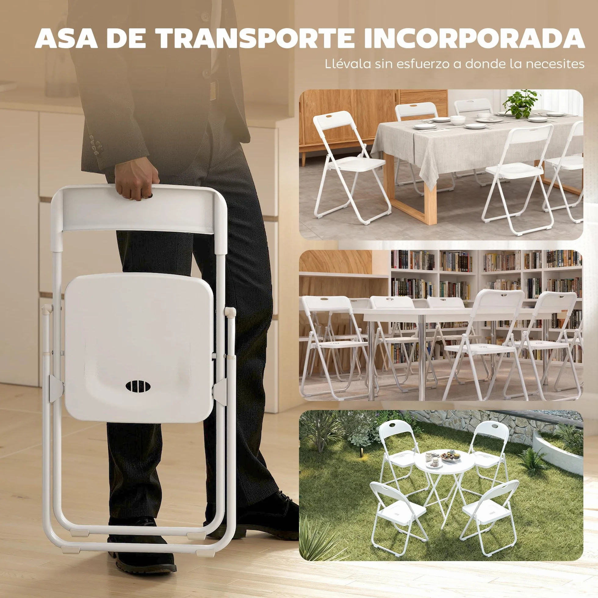 HOMCOM Juego de 6 Sillas Plegables de Plástico, Estructura de Acero, Sillas de Comedor con Respaldo Curvo, Asiento Cóncavo, para Espacios Pequeños, Salón, Oficina, Cocina, Blanco