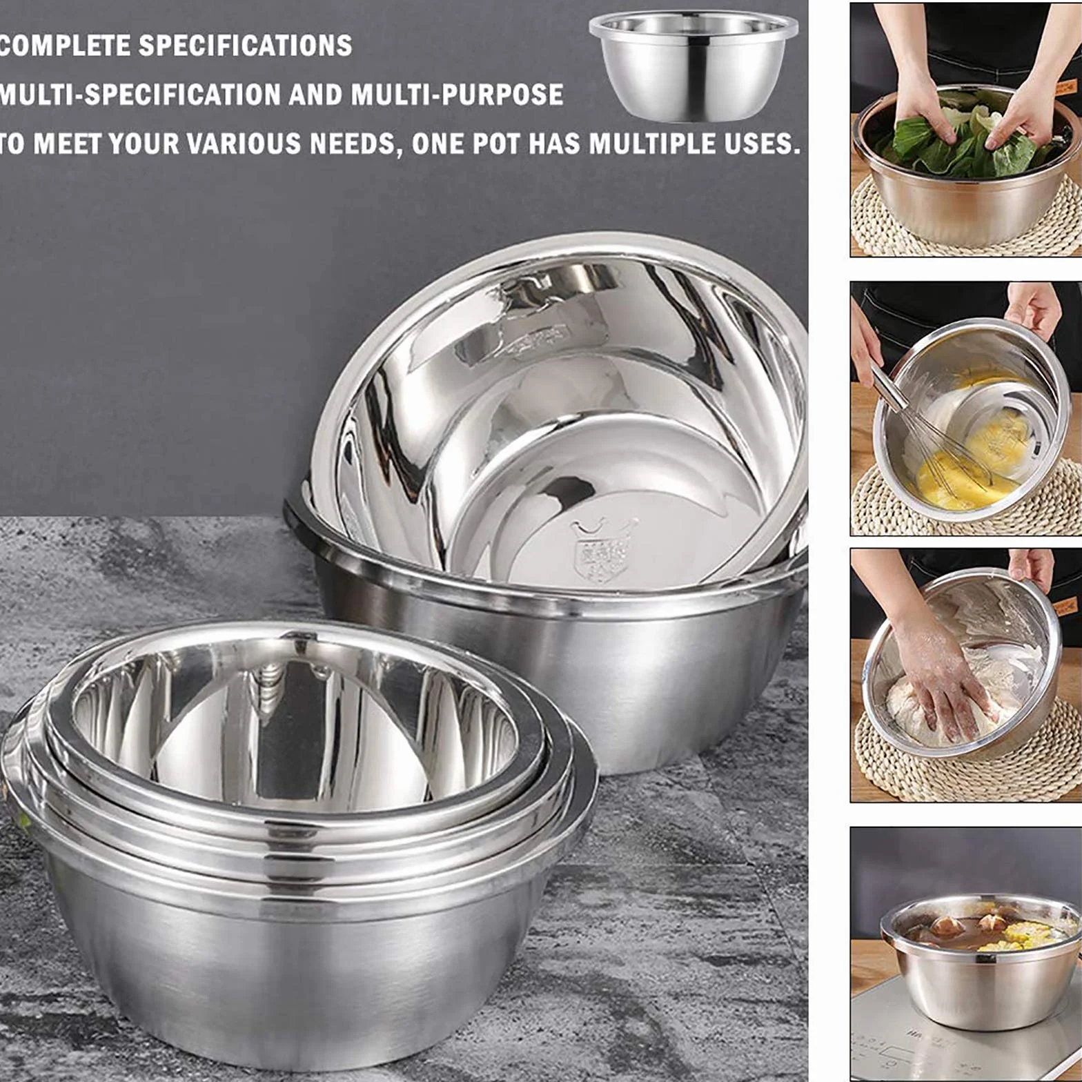 Vajilla Cuencos para Mezclar, Juego de 3 Ensaladeras de Acero Inoxidable, Cuencos Anidados de Metal para Cocina para Mezclar, Batir y Almacenar Alimentos - sin Tapa26cm-