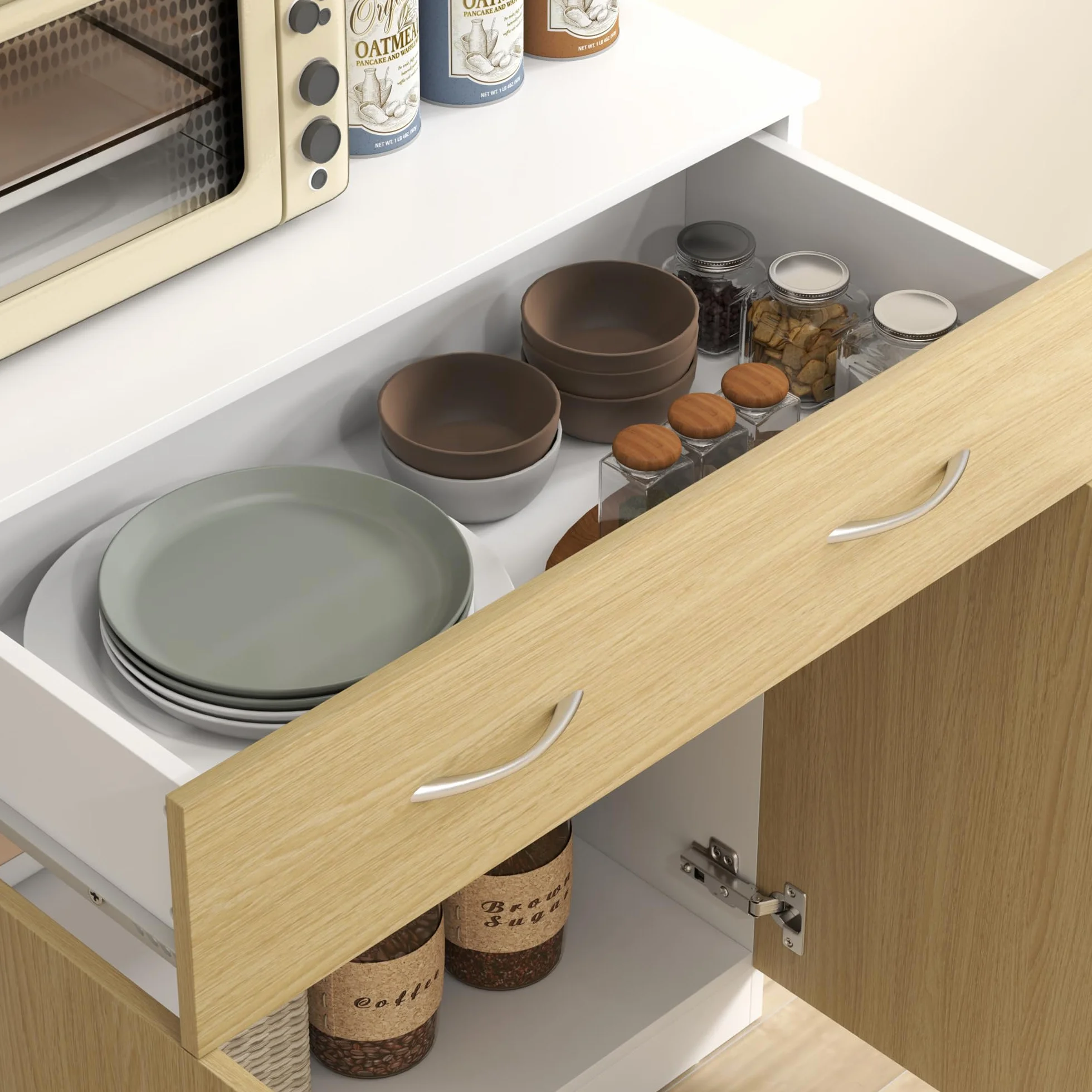 HOMCOM Alacena de Cocina Mueble Auxiliar de Cocina con Puertas Cajón y Estantes Ajustables Antivuelco para Comedor Salón 80x40x180 cm Natural y Blanco
