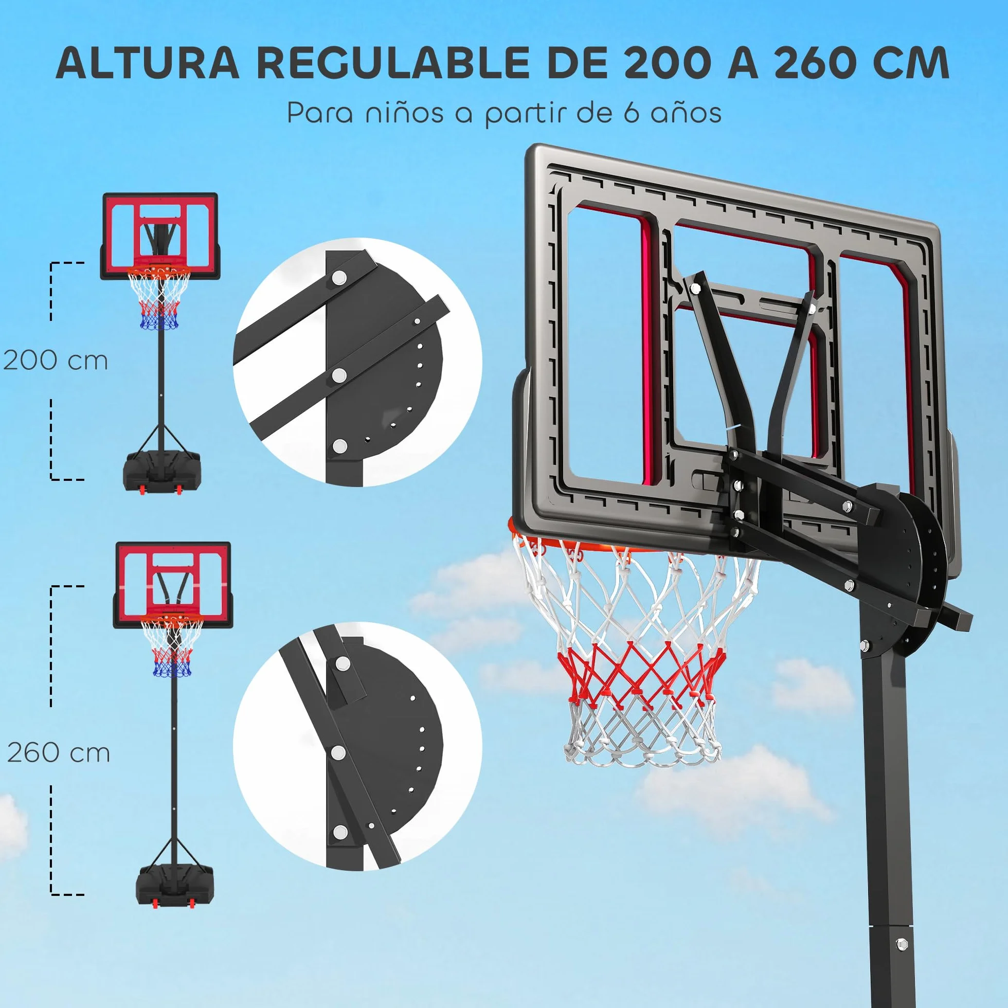AIYAPLAY Canasta de Baloncesto Portátil Altura Regulable 200-260 cm Base Rellenable con Ruedas Rojo y Negro