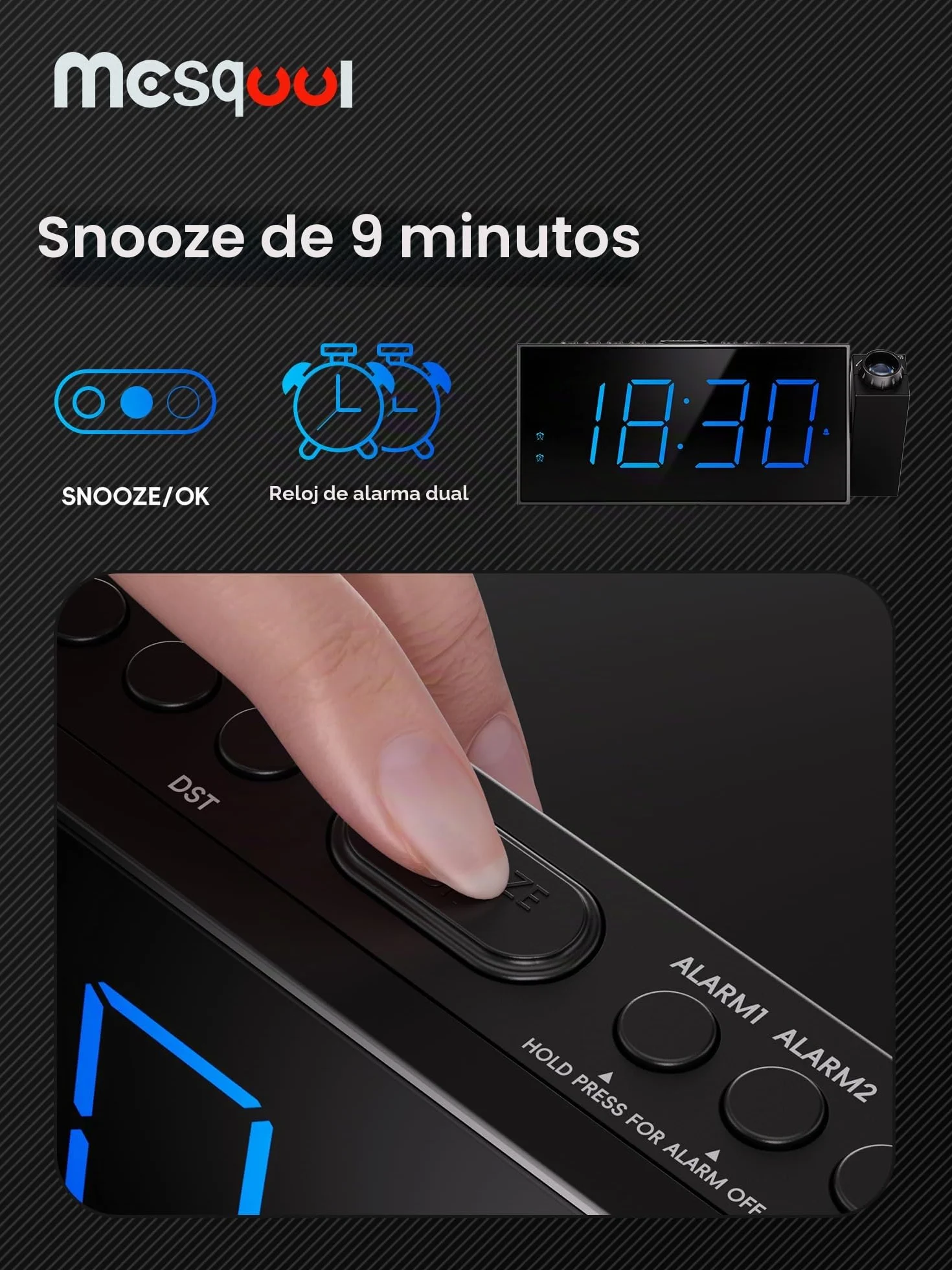 Reloj Despertador de Proyección Digital para Techo de Dormitorios, Reloj con Proyector, Atenuador y Pantalla LED, Timbre Ajustable, Alarmas Duales para Pared, Niños, Personas Mayores con Sueño Pesado