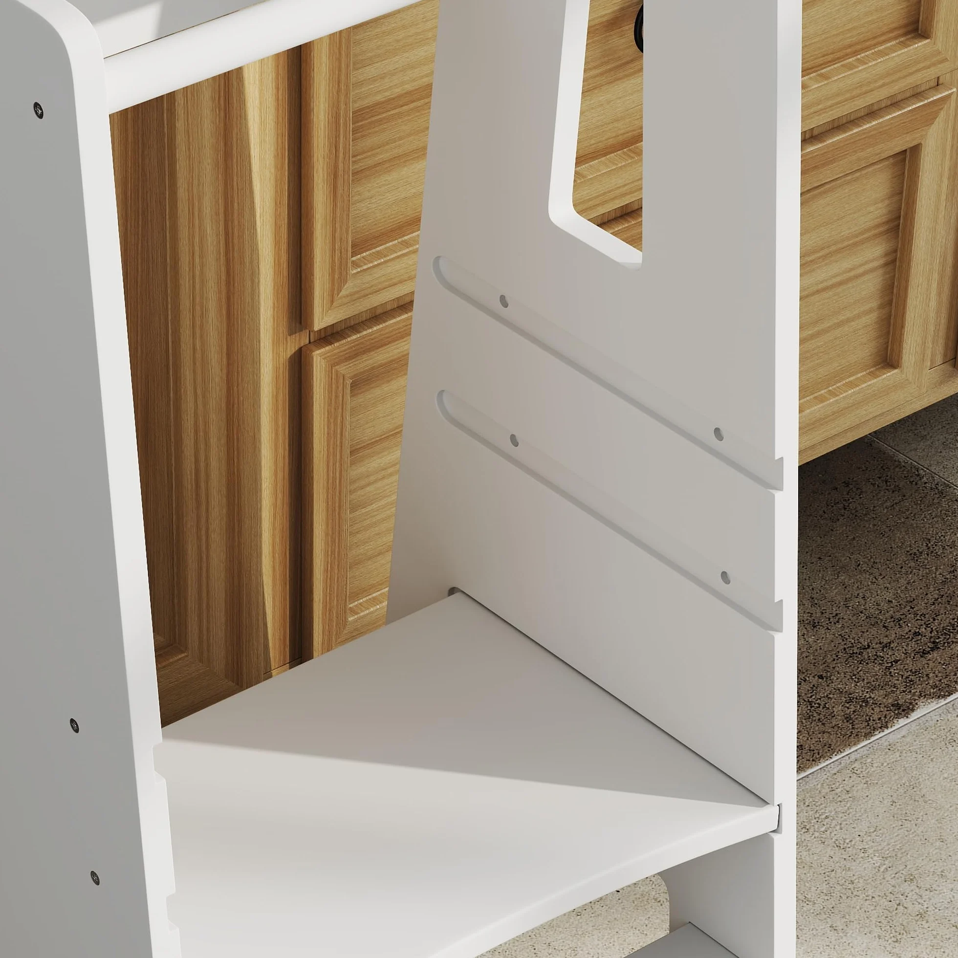AIYAPLAY Torre de Aprendizaje de Madera para Niños +3 Años Altura Ajustable 3 Niveles Barrera de Seguridad 45x47,5x91 cm Blanco