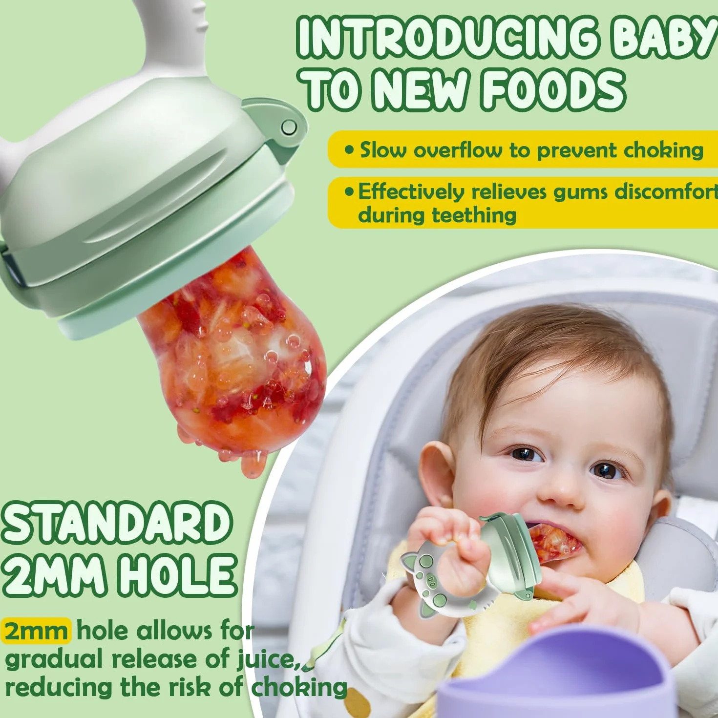 Chupete Fruta Bebe con Molde Helados y Tetinas Silicona 3 Tamaños, Alimentador Antiahogo 3-24 Meses