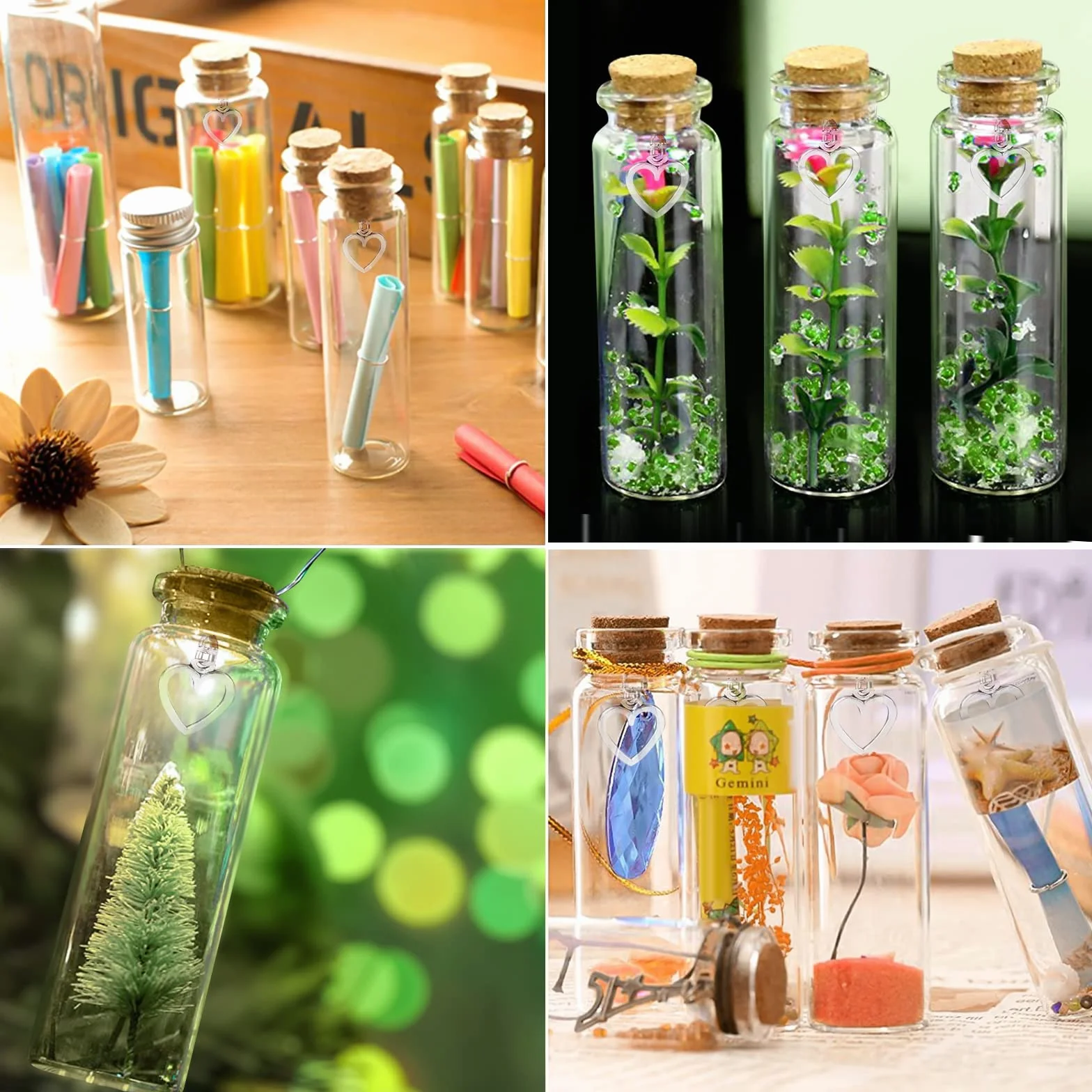 40 Piezas Mini Botellas de Cristal, 20ml Botes Cristal Pequeños con Tapon Corcho, Botellitas Frascos de Vidrio con Colgante en Forma de Corazón, Regalitos Invitados Bodas Decoración Fiesta