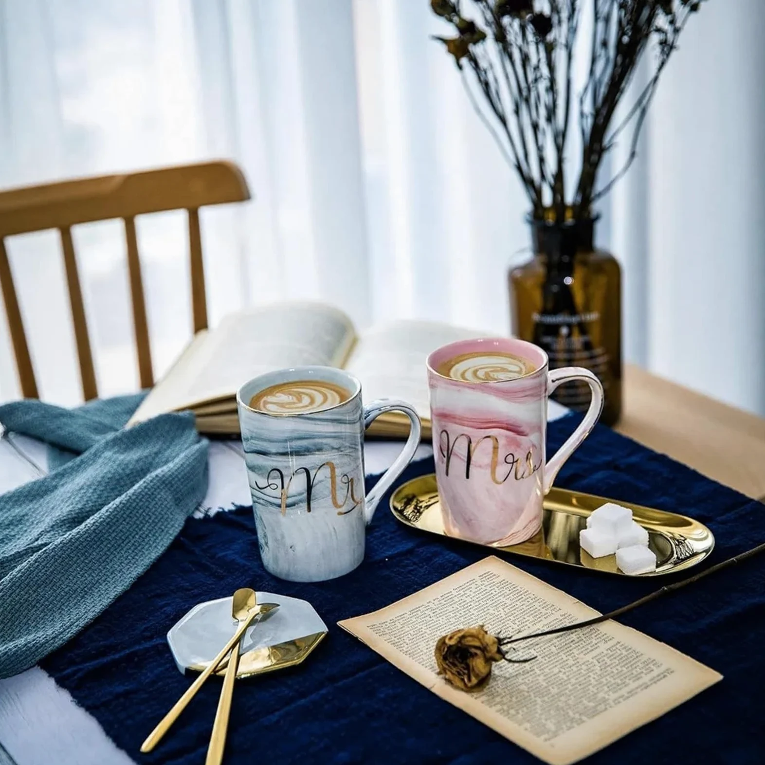 Taza de cerámica de mármol de 13,5 oz, juego de tazas de café Mr And Mrs for novia y novio, compromiso de aniversario de boda Para Boda(Pink Grey01)