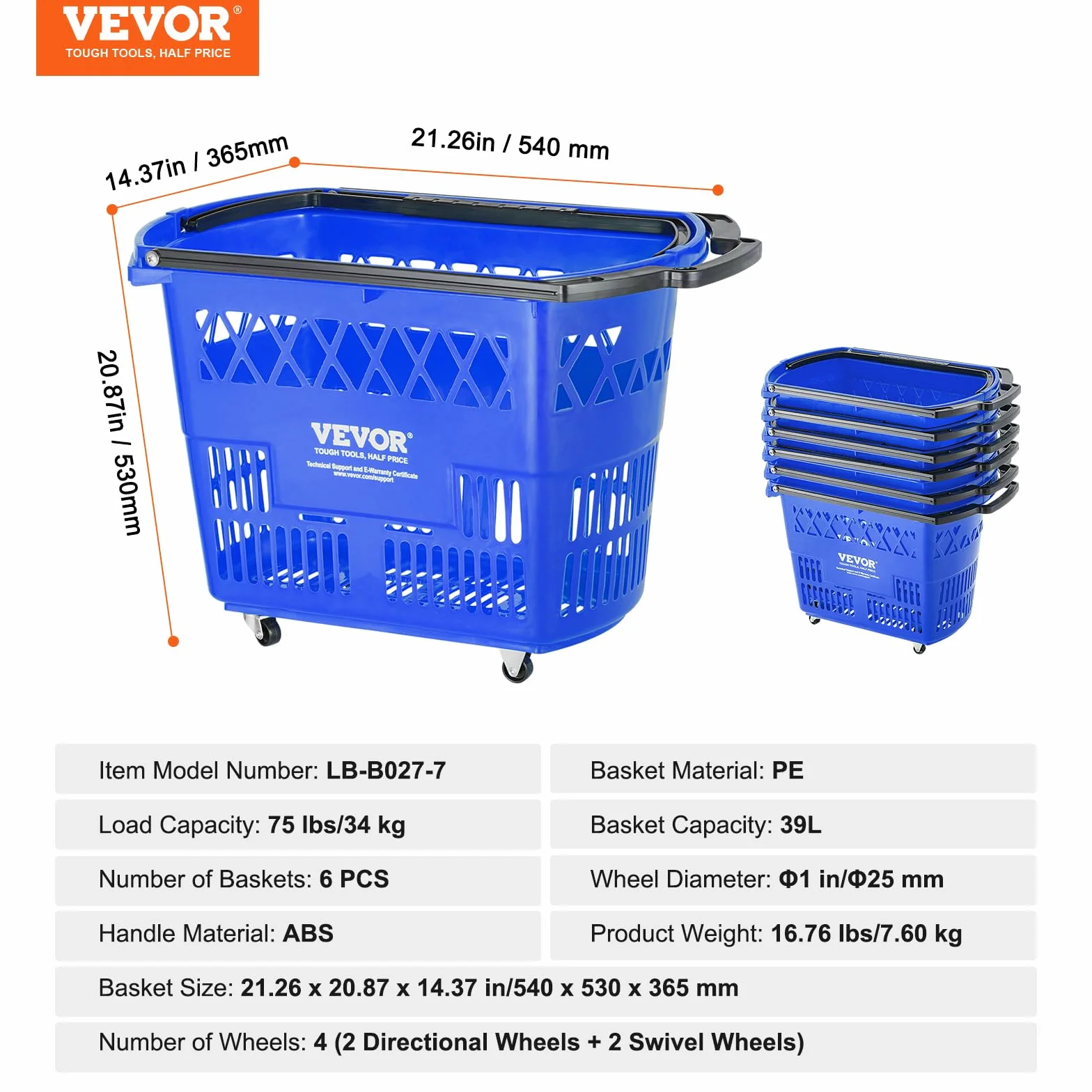 VEVOR Cesta Azul de la Compra, 6 Piezas, 39 L, Carros de la Compra con Asas y Ruedas de Plástico de 540 x 530 x 365 mm, Cesta de la Compra Portátil Grande para Supermercado, Tiendas Minoristas
