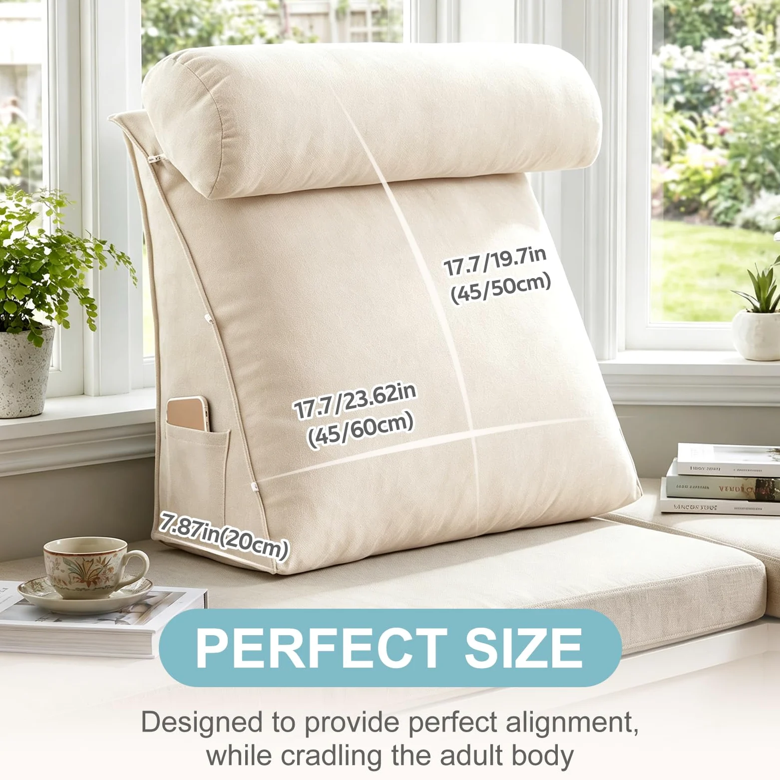 Cojín De Lectura para Cama Y Sofá, Respaldo para Cama Ergonómico En Cuña con Rodillo Regulable Y Bolsillos, Almohada De Soporte Lumbar para Leer Y Ver La TV,Smoke Gray,60X50X20CM