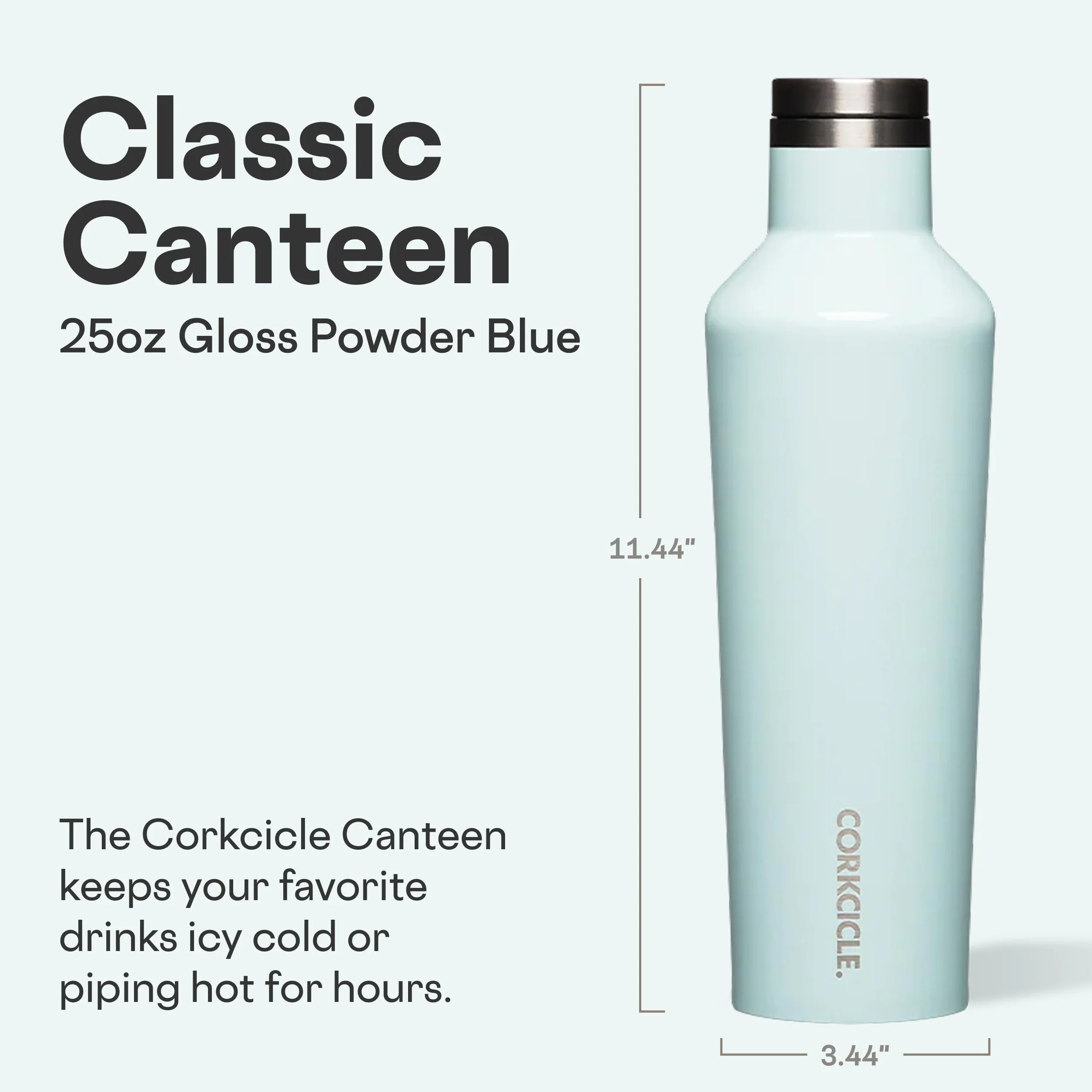 Corkcicle Classic Canteen - Vaso aislante, azul polvo brillante, 25 onzas, botella de agua reutilizable que mantiene las bebidas frías durante 25 horas y calientes 12 horas, vaso apto para portavasos