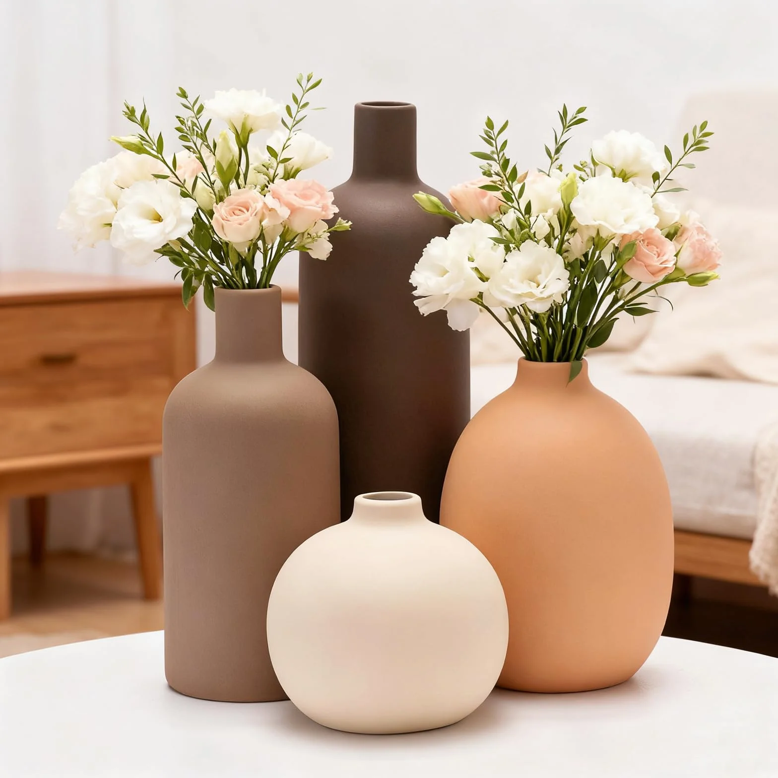 Juego de 4 jarrones de cerámica, jarrones de cerámica para decoración del hogar, floreros Decorativos para Hierba de Pampa y Flores secas, Mesa, estantería (Café,Naranja,Beige,marrón)