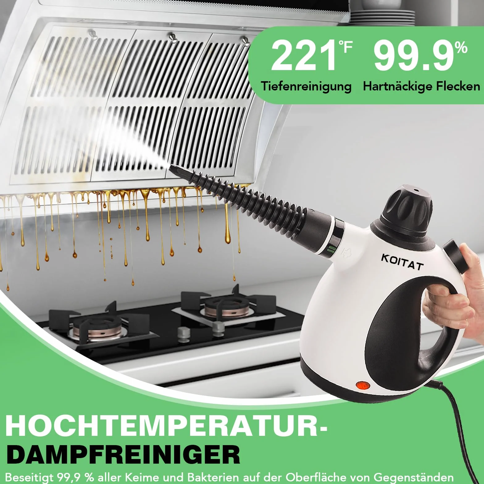 Limpiador de vapor portátil a presión con 10 accesorios, limpiador a vapor para muebles tapizados, con bloqueo de seguridad, para casa, coche, suelo (blanco profundo)