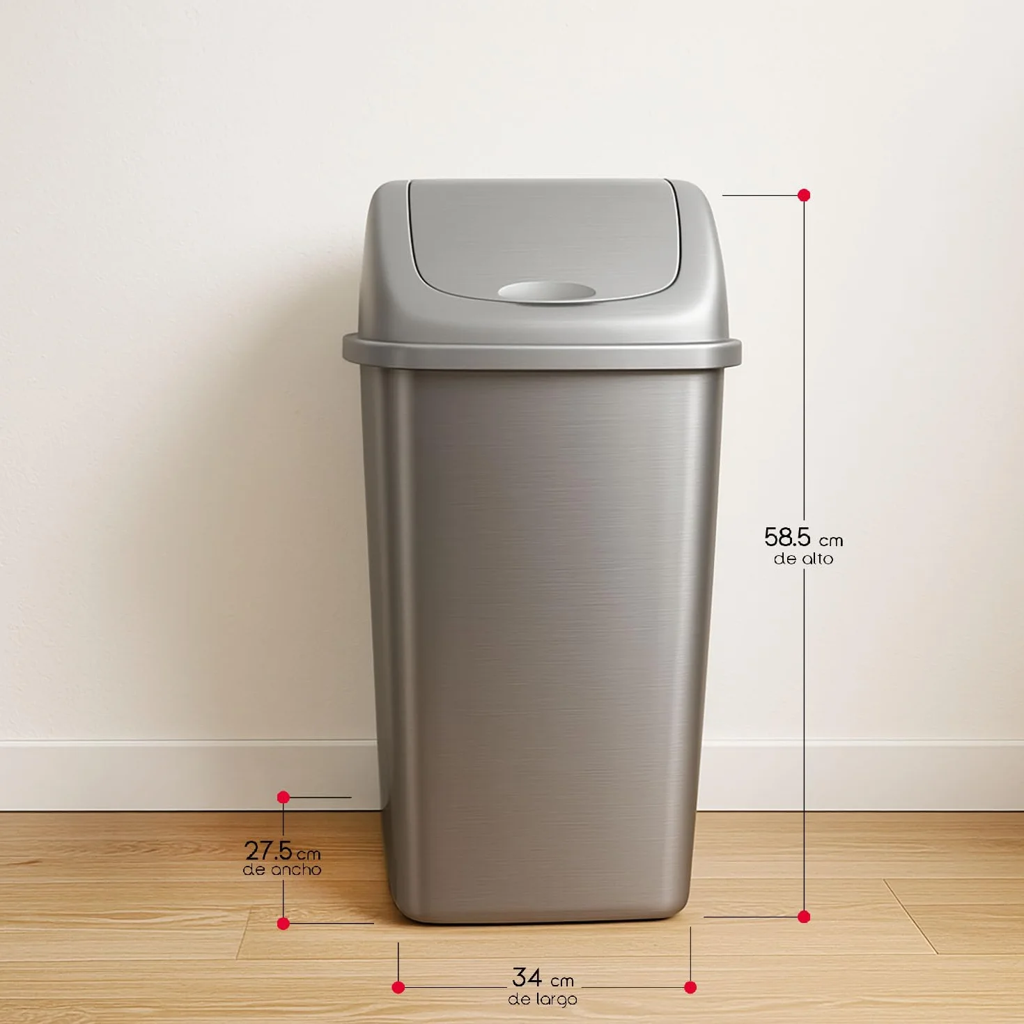 TIENDA EURASIA - Papelera con Tapa Basculante, Cubo de Basura 50 Litros, Papelera para Baño, Oficina, Cocina, Cubo Basura Tamaño 40 x 35 x 68 cm (Plata)