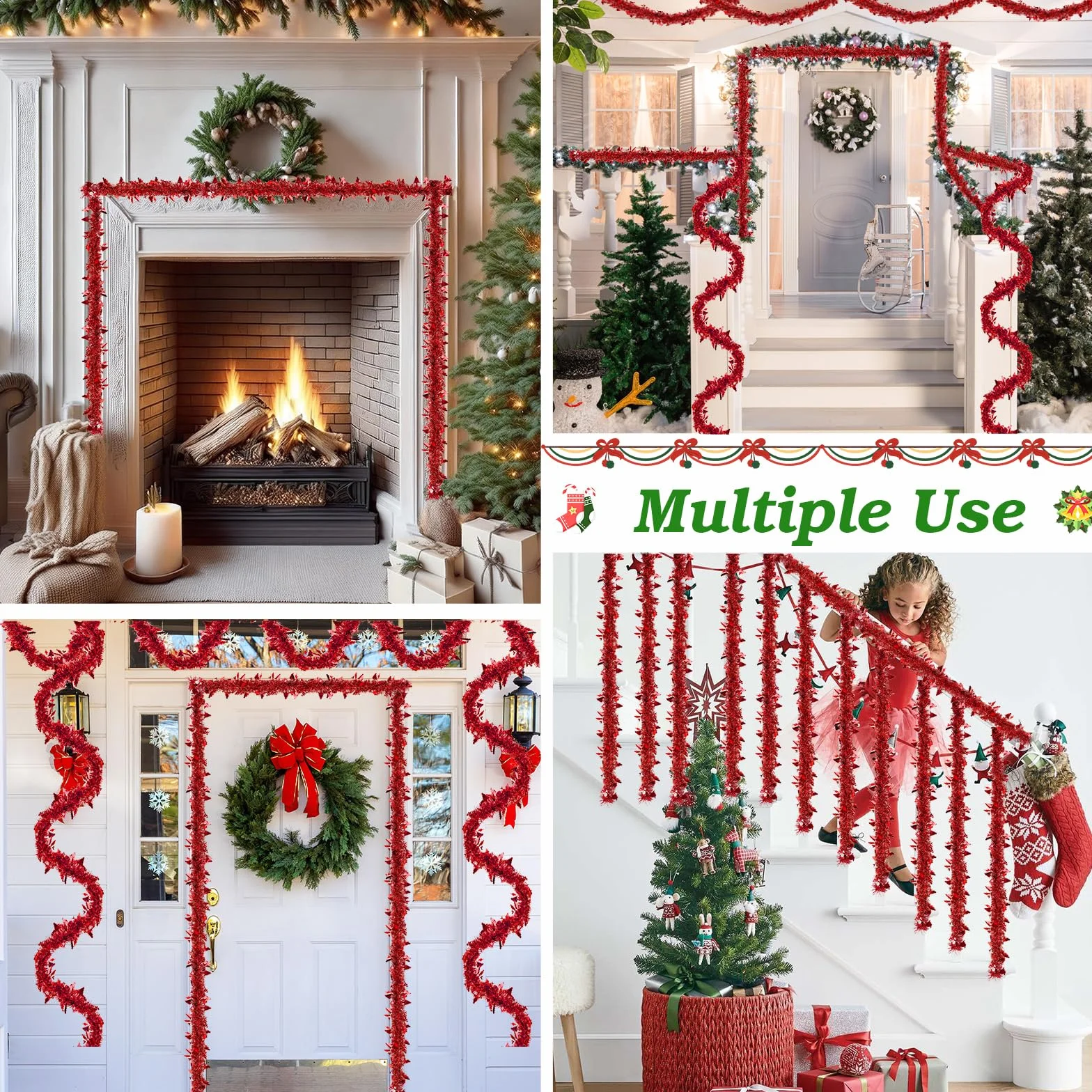 8 Piezas Guirnalda de Oropel Navidad, 16M Espumillón Metálica Brillante, Rojo Decoracion Arbol de Navidad Adornos, Rojo Brillante Espumillón para Árbol de Escaleras Chimenea