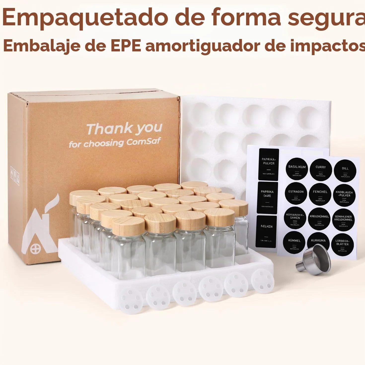 ComSaf botes especias de cristal 120 ml set de 24 con etiquetas legibles, botes especias cristal para familias y amantes de la cocina, aptos para cajones y armarios de cocina