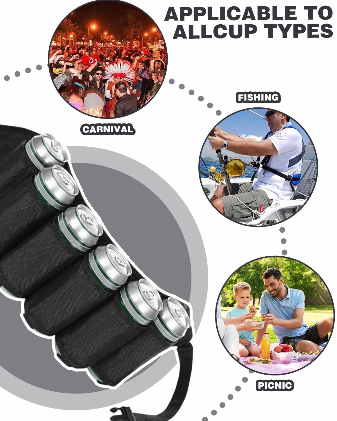 Cinturón Porta Cervezas con 6 Portavasos Nylon, para Fiestas Camping Viajes Barbacoa Negro