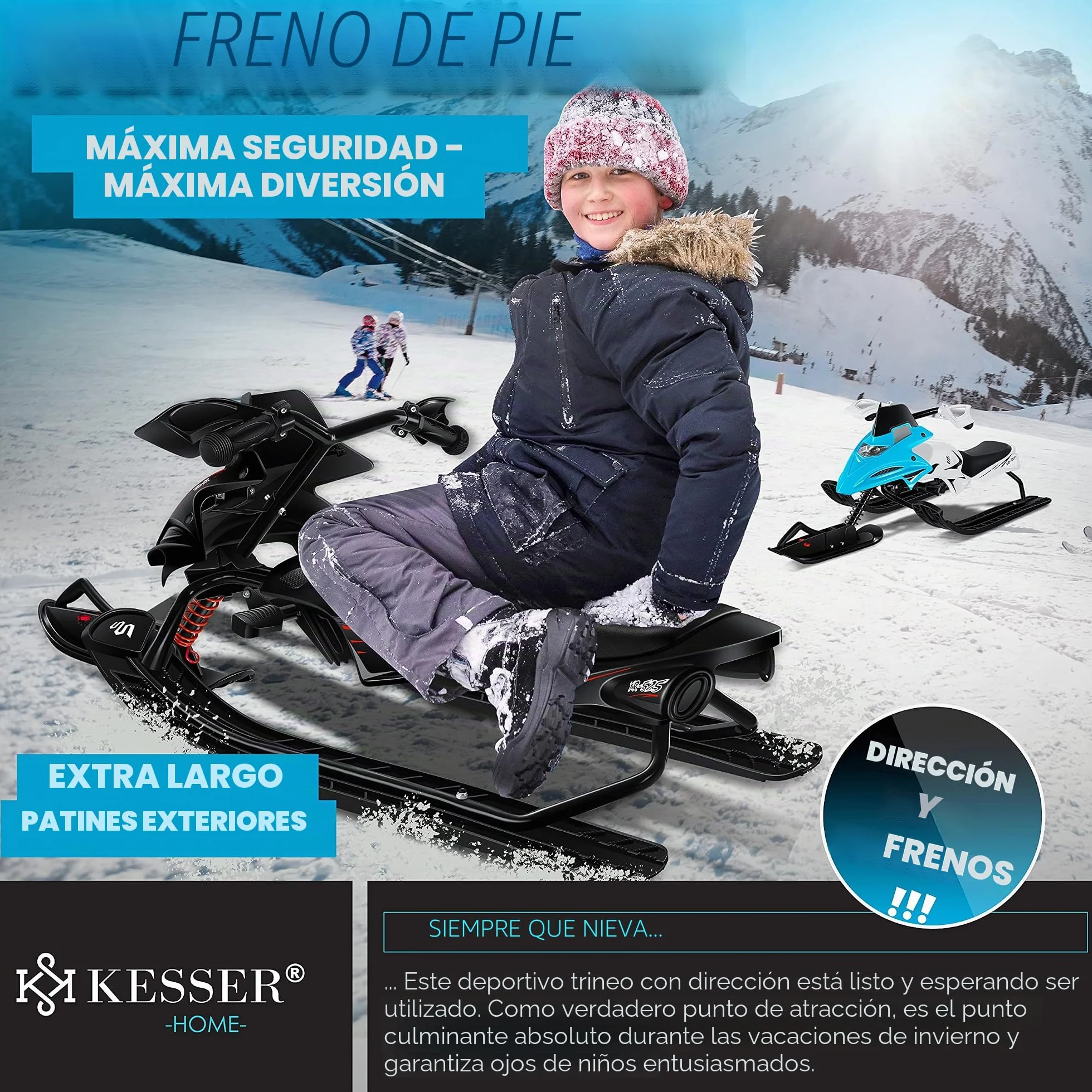 KESSER® Trineo de dirección con 2 Frenos de pie | Cuerda de tracción automática | Suspensión | Dirección de Deslizamiento | Bobsleigh Trineo Infantil Trineo | Trineo Skiboblenk