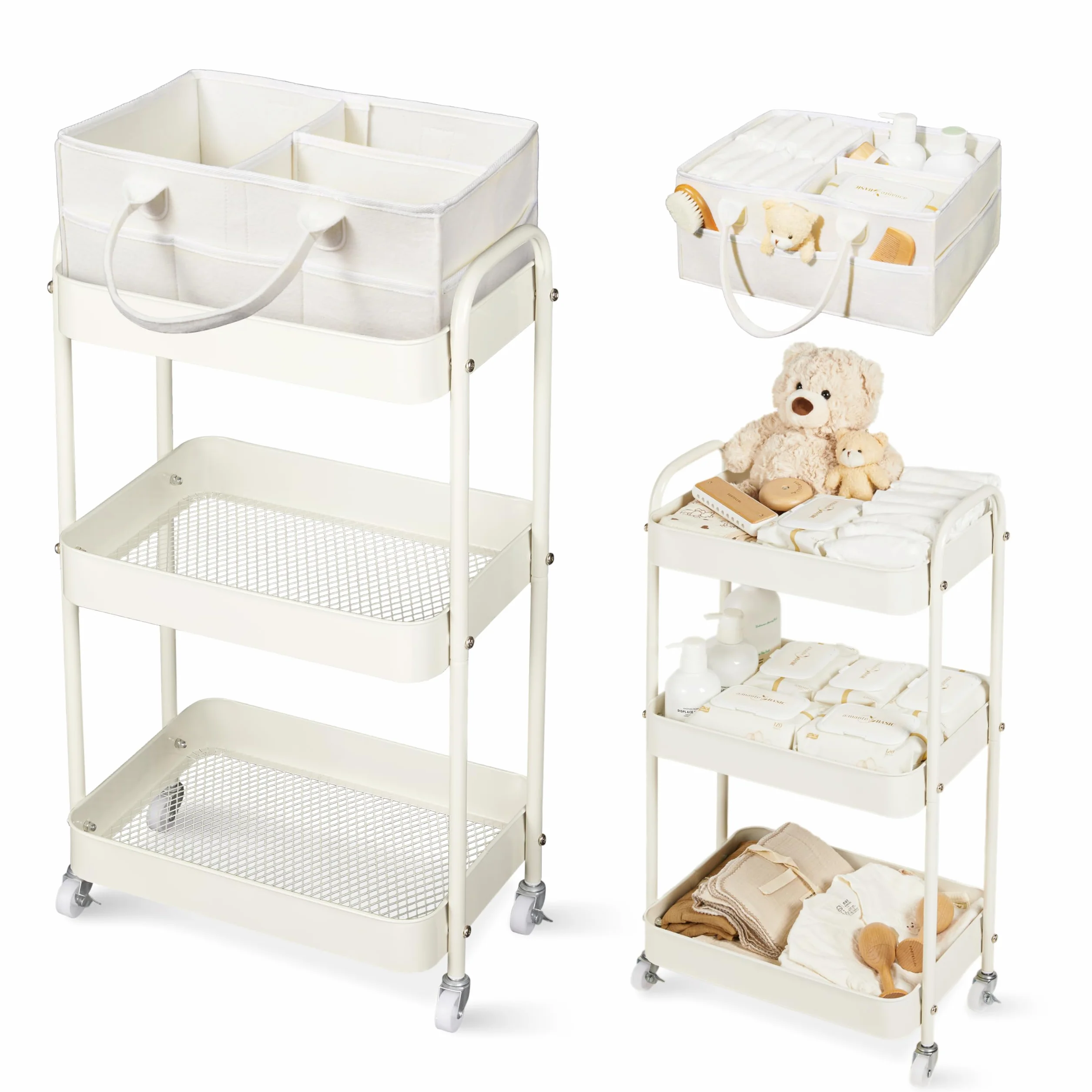 Fortella Carrito Auxiliar 3 Niveles, Cesta Bebe Recien Nacido Fieltro Portátil, Almacenamiento Hogar, Organizador Pañales, Multifuncional Carrito Cocina Baño (Beige)