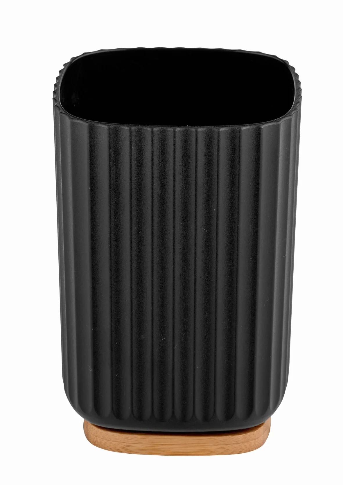WENKO Vaso para cepillo de dientes Rotello, de plástico, para cepillos de dientes, y base de bambú, para guardar utensilios, con estructura acanalada de fácil sujeción, Ø 8,6 x 11,1 cm, negro/natural