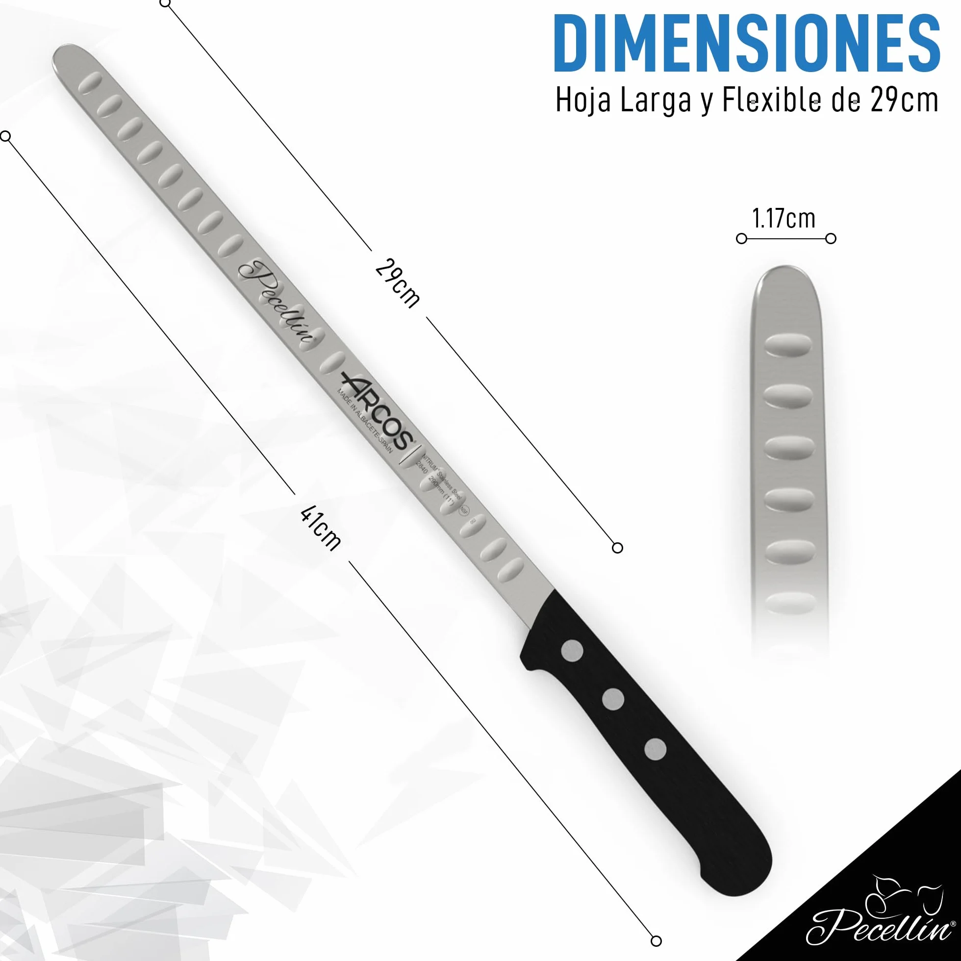 Cuchillo Jamonero Profesional con Alveolos de 29cm | Cuchillo Jamonero de Calidad de Hoja Flexible Acero Inoxidable NITRUM Proteccion Bacteriana para Patas de Jamón y Paletas