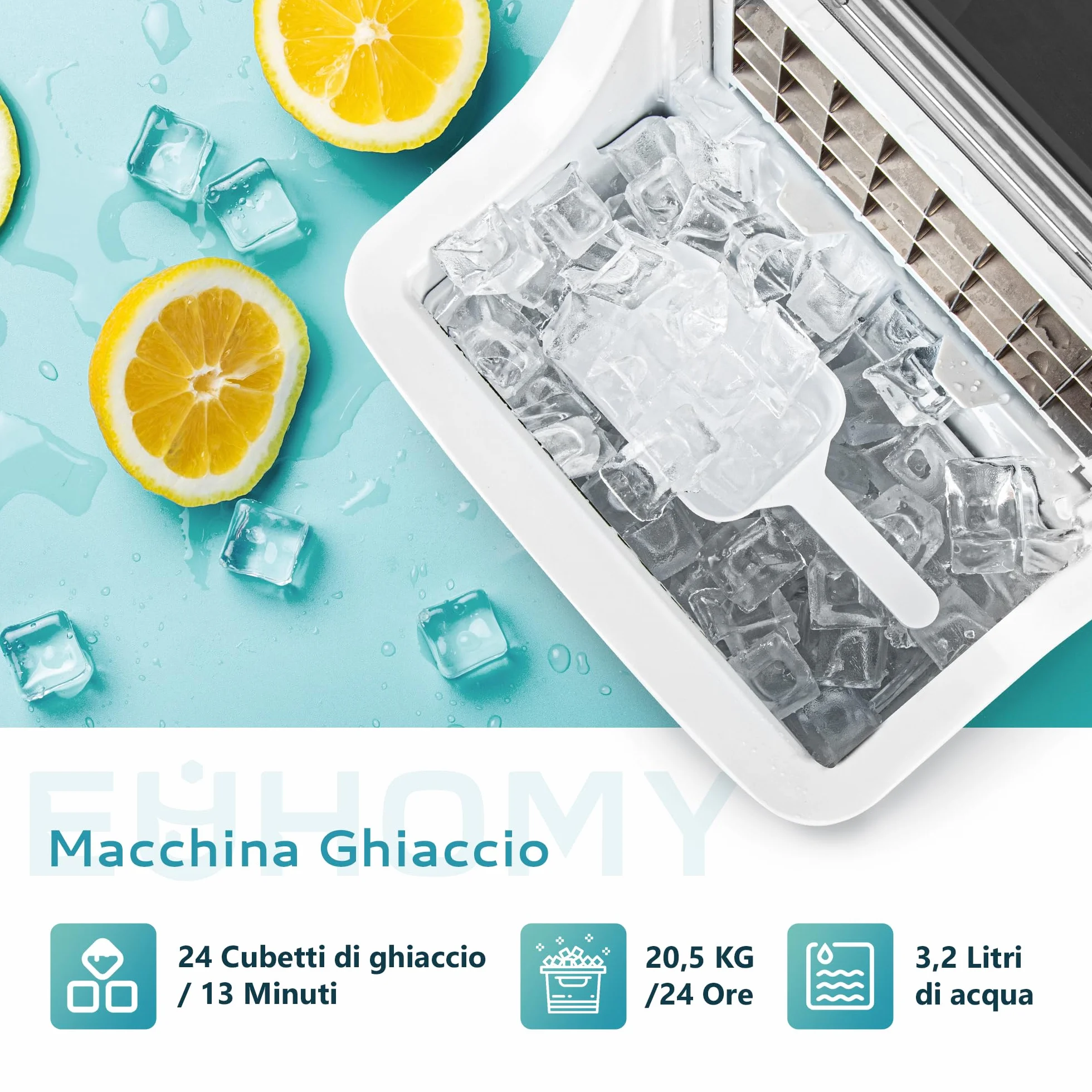 EUHOMY Máquina de hielo para el hogar: 24 cubos en 13 minutos, 20,5 kg/24 horas, autolimpiable, 3,2 l, con pala/cesta, para cocina/oficina, acero inoxidable