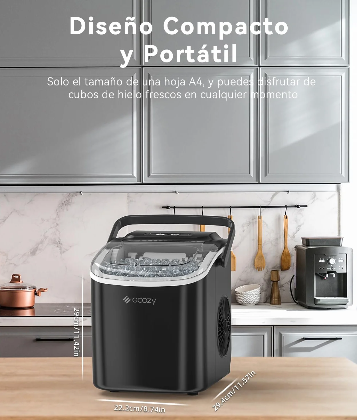 ecozy Máquina de Hielo, 12 Kg/24 Koras, 9 Cubitos de Hielo en 6 Minutos, 2 Tamaños de Hielo, Máquina de Hielo Autolimpiante, Maquina de Hielo Portátil Para Casa el Hogar/Fiesta/Cocina/Bar