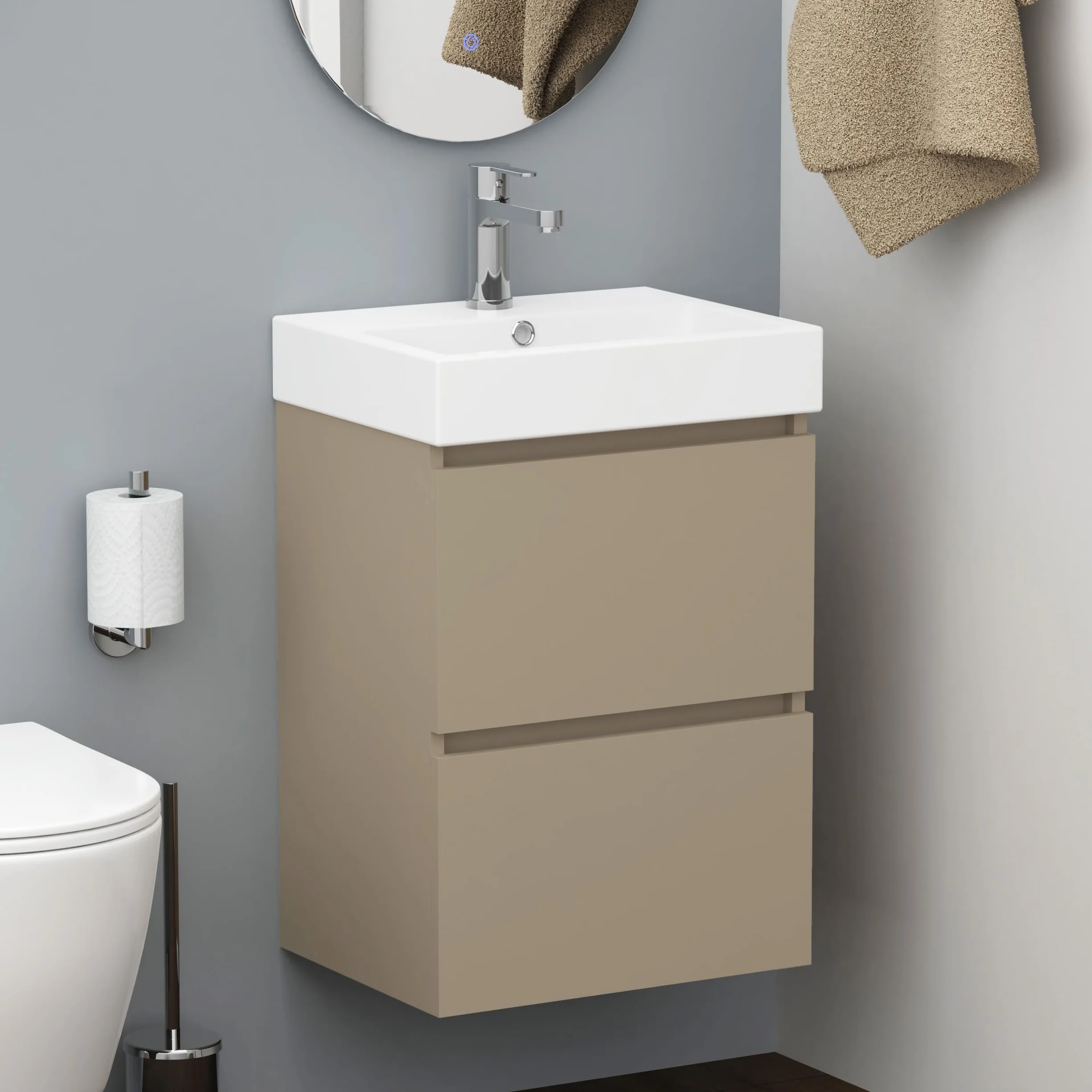 Baikal Mueble de Baño Nix. Mueble MONTADO. 2 Cajones Suspendido con Lavabo. Armario de Baño. Lavabo Ceramico. 45cm Fango.