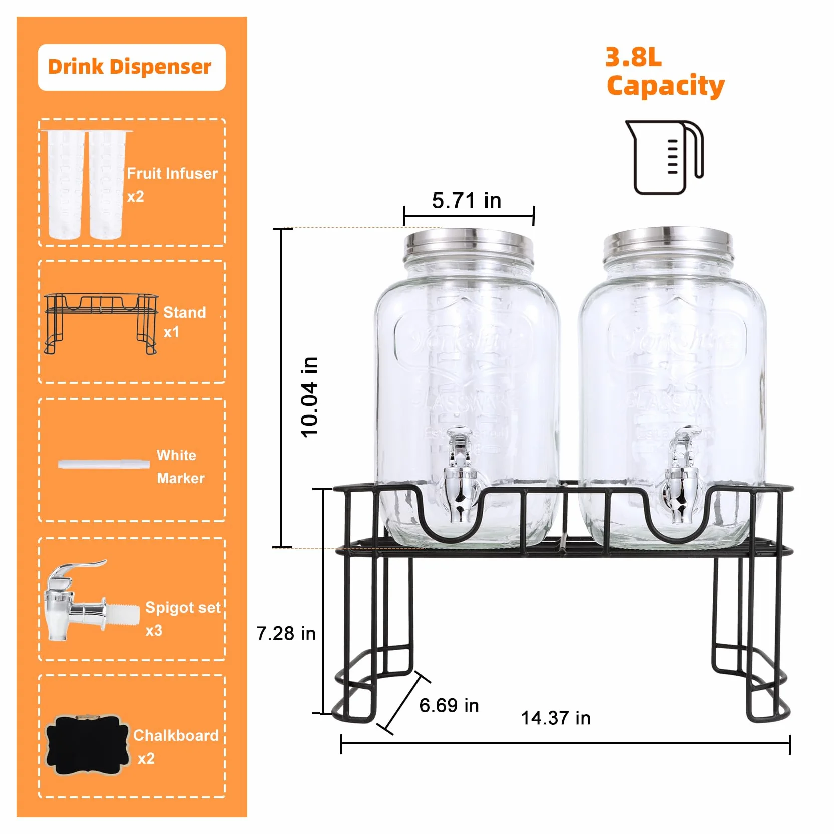 Dispensadores de bebidas de vidrio de 1 galón para fiestas, juego de 2,4 L, dispensador de bebidas con infusor de frutas, soporte y filtro, dispensador de jugo o bebidas para barbacoa, picnic, fiesta