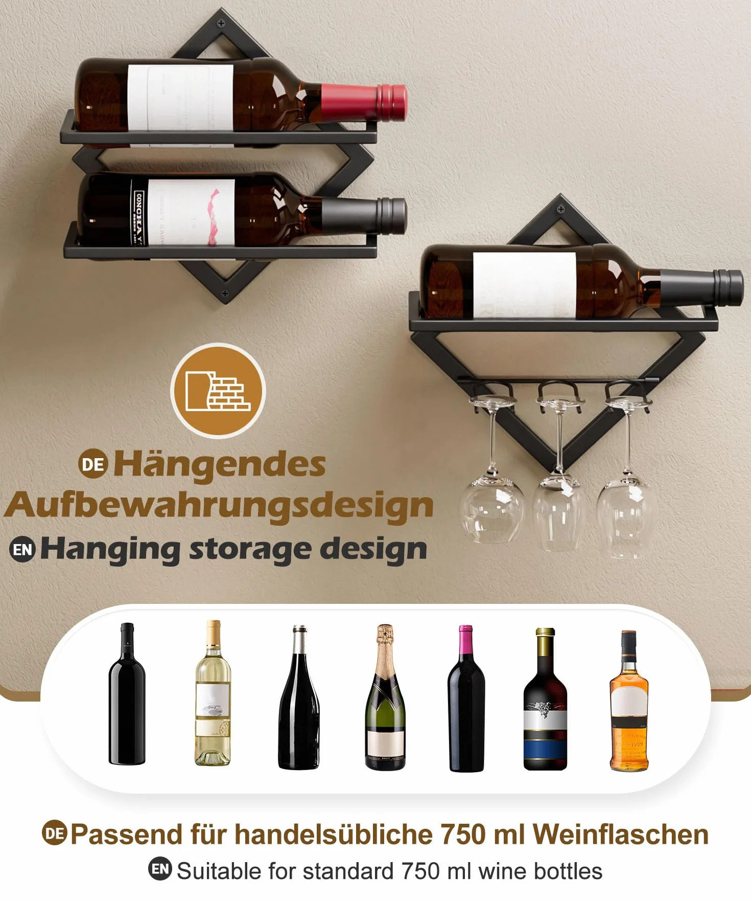 YORBAY Botellero de Pared Metálico con Portavasos: Botellero Vino Decorativo Moderno para 3 Botellas y hasta 6 Copas - Mueble Bar Ahorra Espacio para Salón Bar Cocina