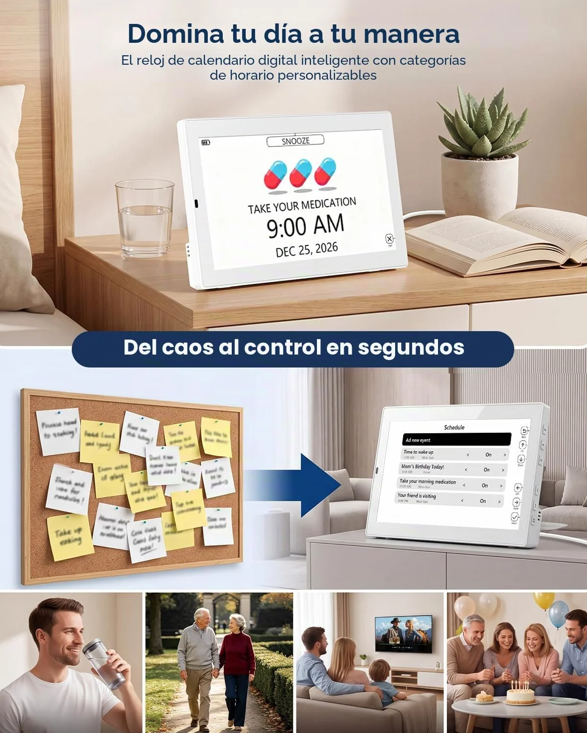 ROCAM Reloj Digital de 10,1" para Mayores, Despertador con Calendario | Reloj Calendario Alzheimer con Fecha y Día, 20 Recordatorios y Alarmas, fotos USB/SD, temperatura, humedad, pared o mesa
