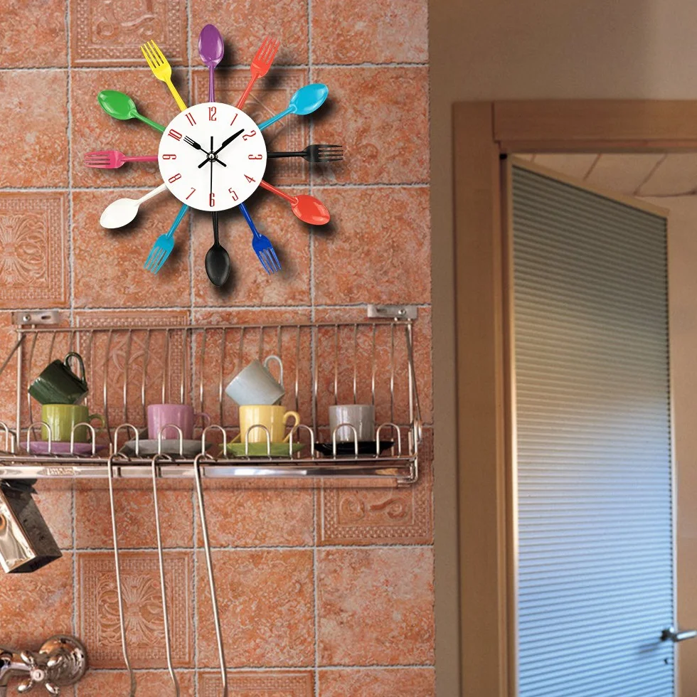 Reloj de cocina efecto espejo con diseño de cuchara, tenedor, cubertería, adhesivo extraible en 3D para decoración del hogar