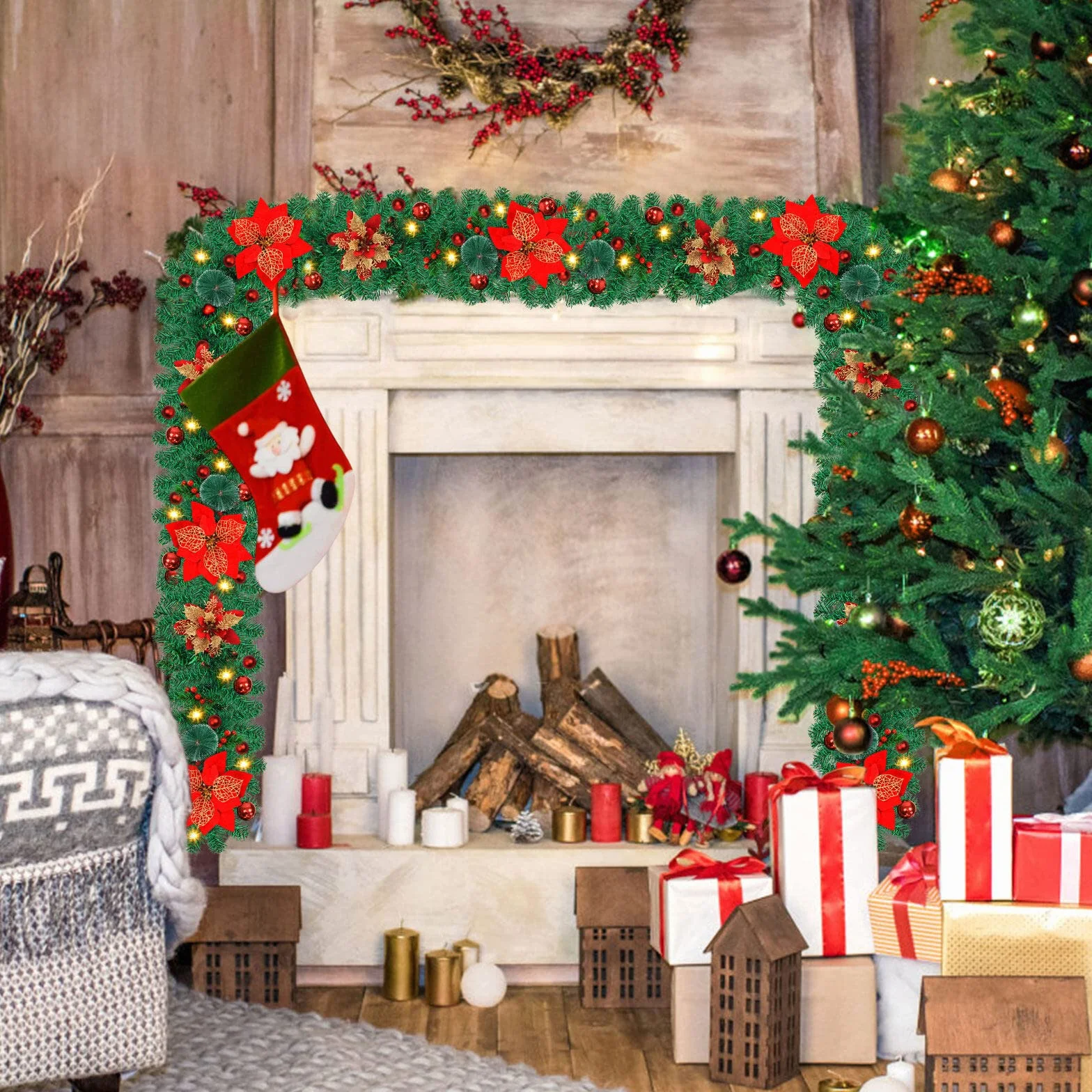 Guirnalda Navidad De 2,7 M/9 FT Con Luces Led, Decoraciones Artificiales para Puertas, Chimeneas, Escaleras y Árboles De Navidad