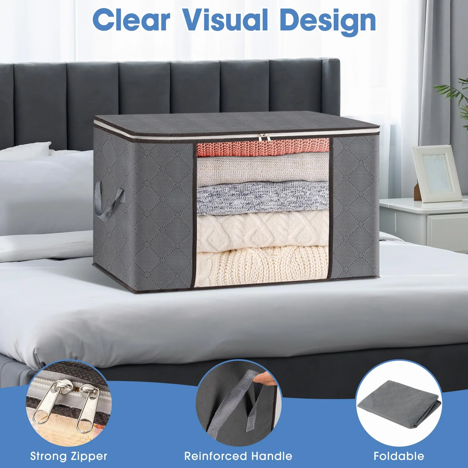 AIOR 2pcs Bolsa de Almacenamiento de Ropa Plegable, 60L Grandes Cajas de Almacenaje Ropa con Mango Reforzado, No-Tejida Organizador Guardar para Edredones Mantas, 55x35x32cm