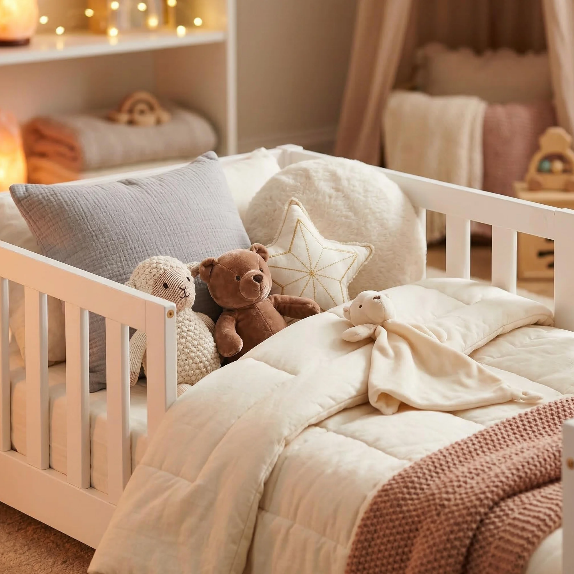 ecomi® Cama para niños 90x200 con protección contra caídas y somier, madera maciza de pino blanco