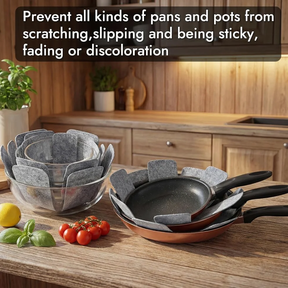 BOYAN Protectores para ollas y sartenes, juego de 12 y 3 tamaños diferentes, almohadillas divisoras de utensilios de cocina, protectores de sartenes apilables, almohadillas separadoras de ollas para