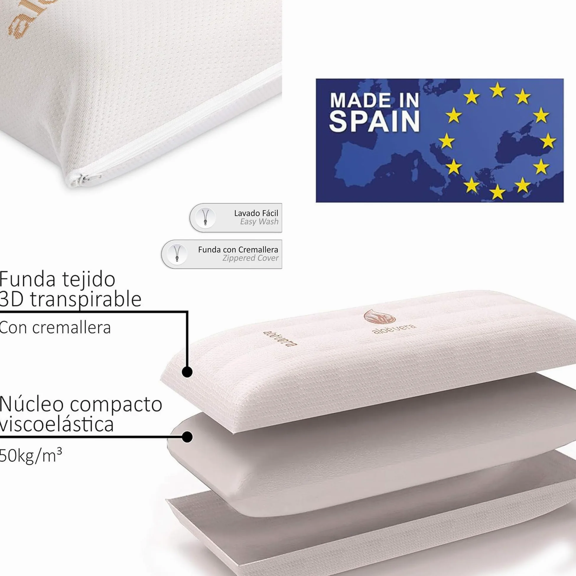 various Almohada Viscoelástica 100% Núcleo Viscoelástico, Funda de Aloe Vera, Anticácaros Antibacterias, Termorregulable y Ergonómica, Libera Presión Cervical, Fabricada en España Visco 150cm