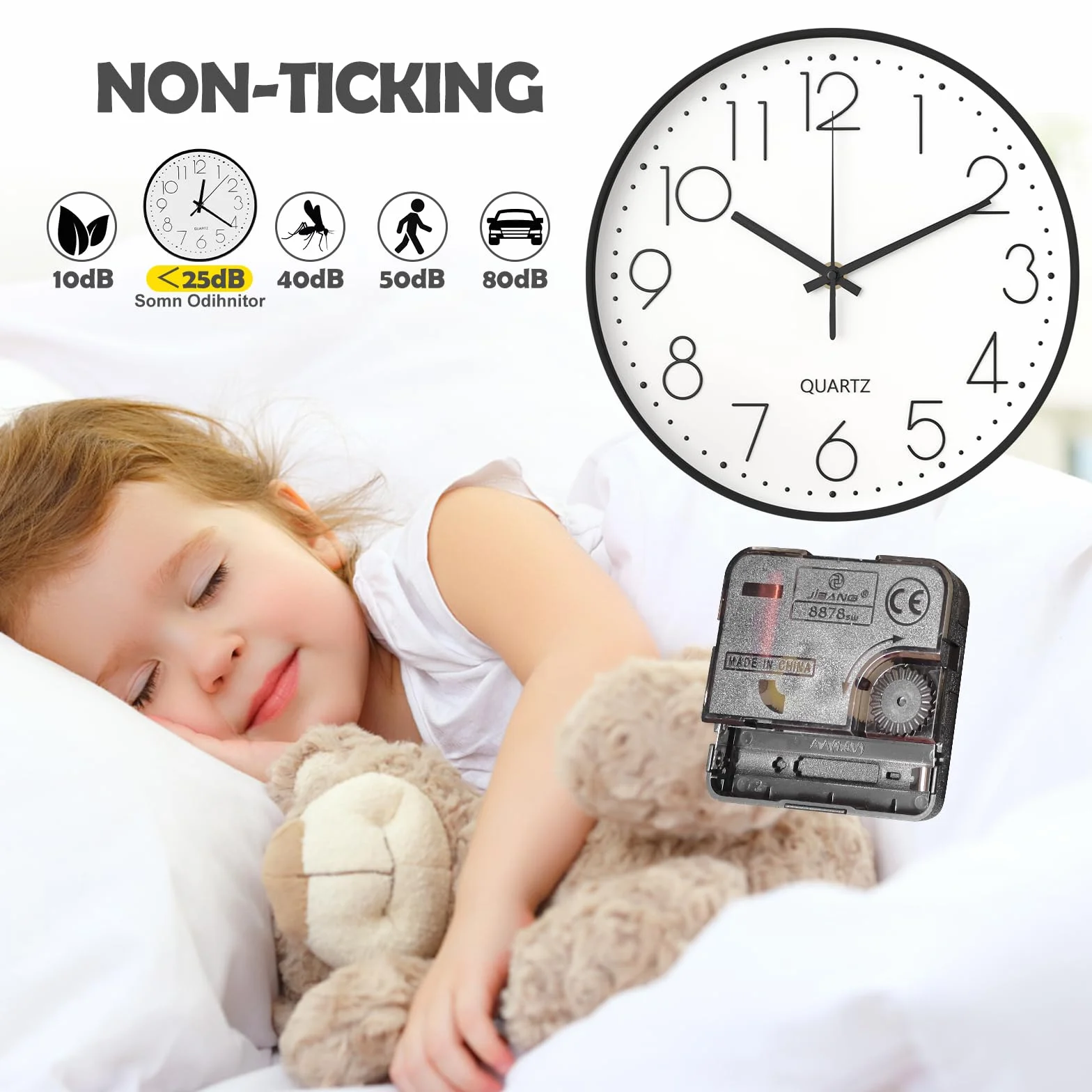 GIBOHOM Reloj de Pared, 20 cm Reloj Pared Silencioso, Reloj de Cocina Pared Redondo, Fácil de Leer Sin Tictac, Wall Clock para Oficina Dormitorio Salon