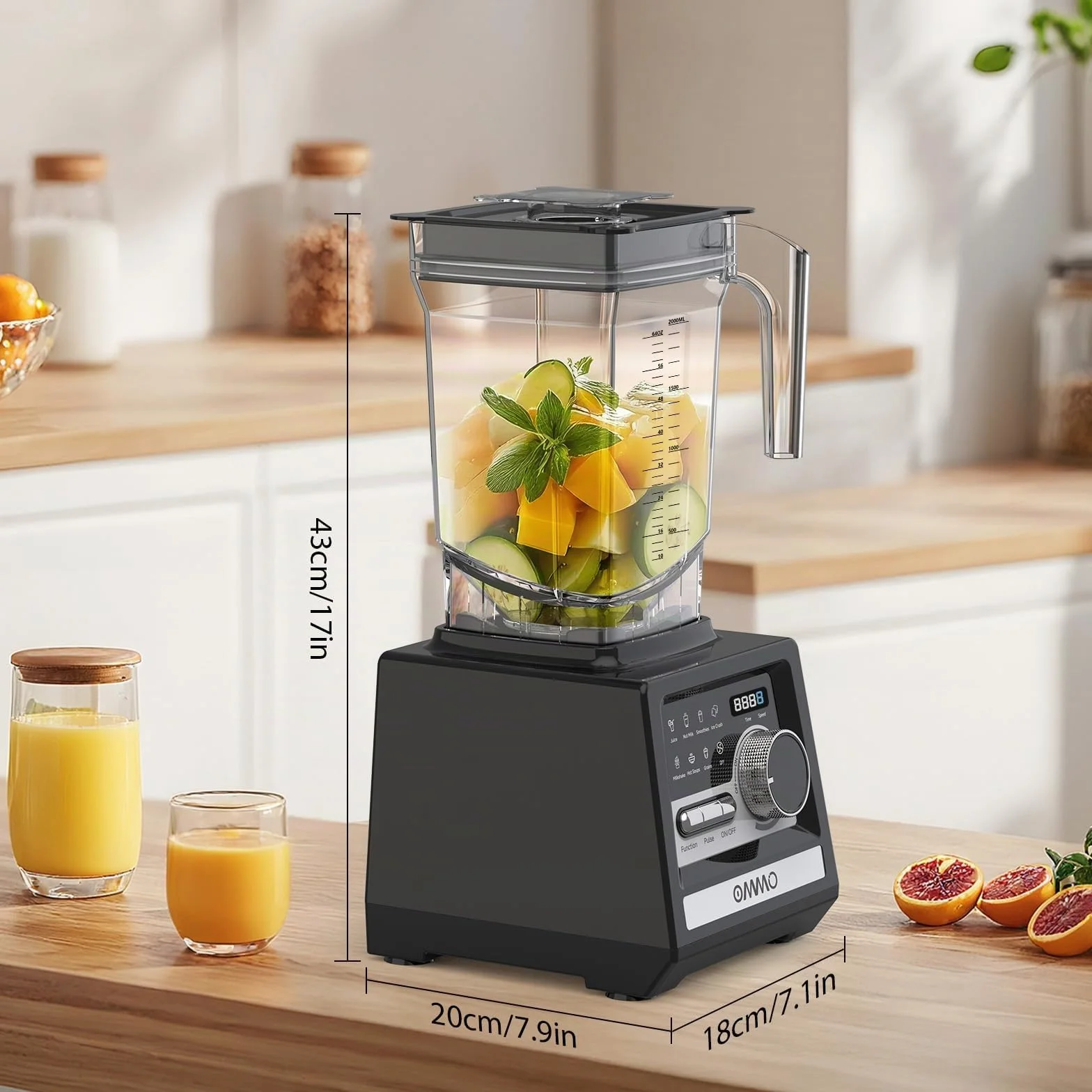 OMMO 2L Batidora de Vaso, 1800W Batidora Smoothies con 9 Controles de Velocidad para Hielo Roto, Batidos, Bebidas y Frutas Congeladas, Sin BPA