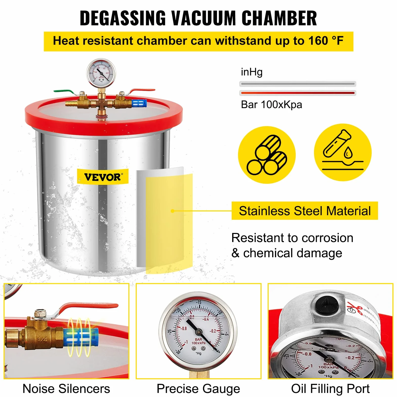 VEVOR Cámara de vacío Bomba giratoria una Sola Etapa Kit Herramientas Aire estabilización Madera desgasificación siliconas epoxis
