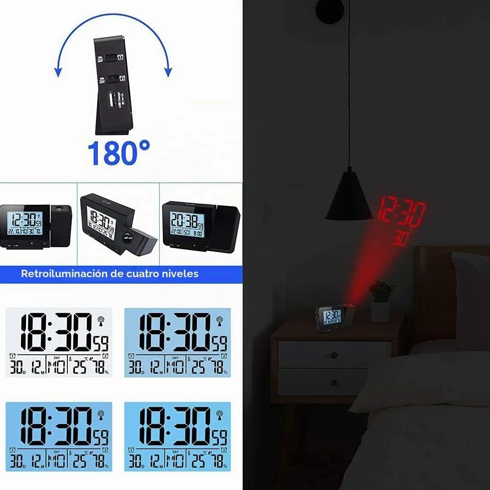 Queta Despertador Proyector, Reloj Despertador Digital con Pantalla LED Reloj de Proyección Digital con Termómetro Interior, Despertador Muestra Tiempo/Fecha/Temperatura/Humedad, Puerto USB (Negro)