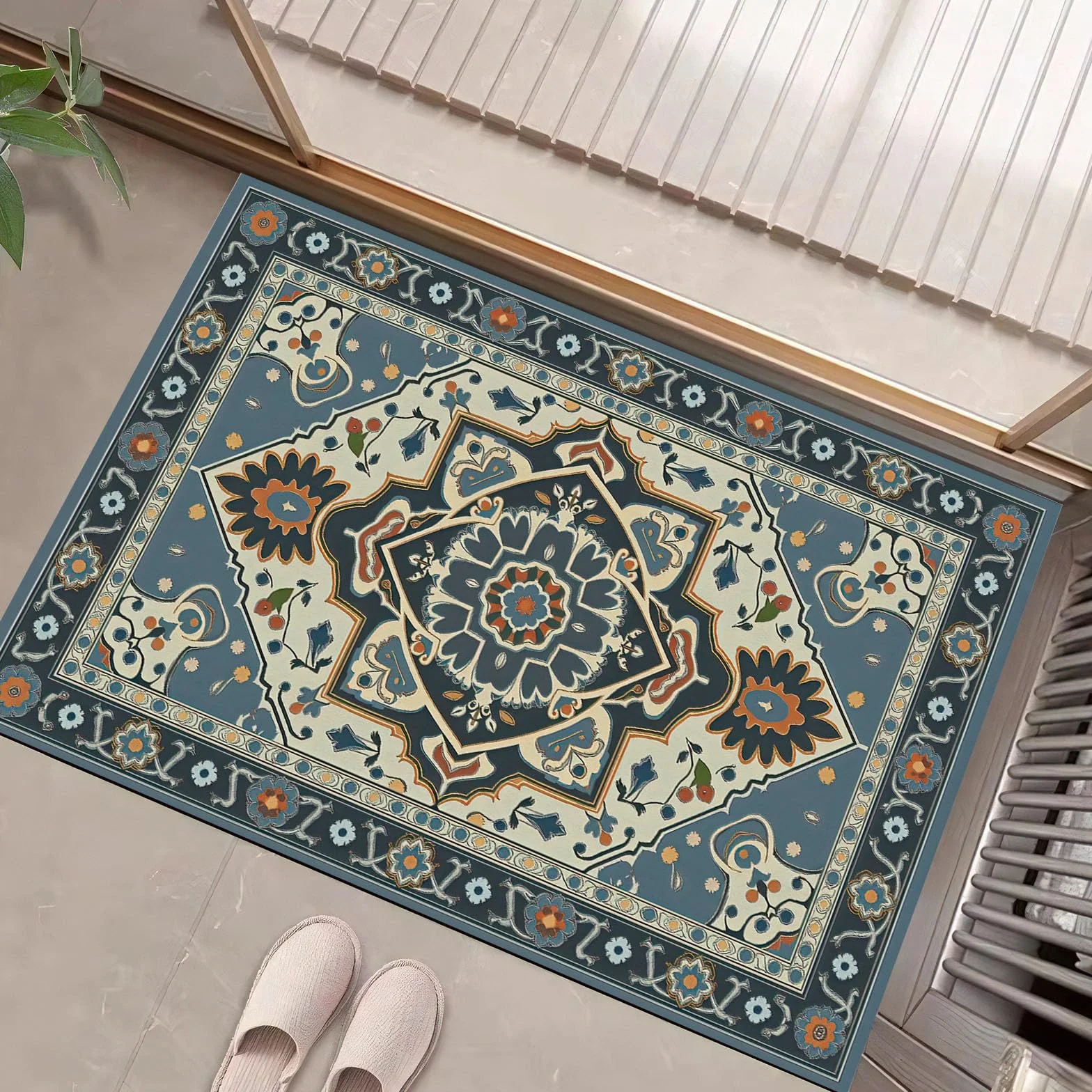 Felpudo Entrada Casa 80 X 120 cm,Patrones Geométricos,Felpudos Exterior Antideslizante Y Lavable,Patrones Tradicionales Persas Alfombra Atrapar Suciedad para Puerta Principal,Azul