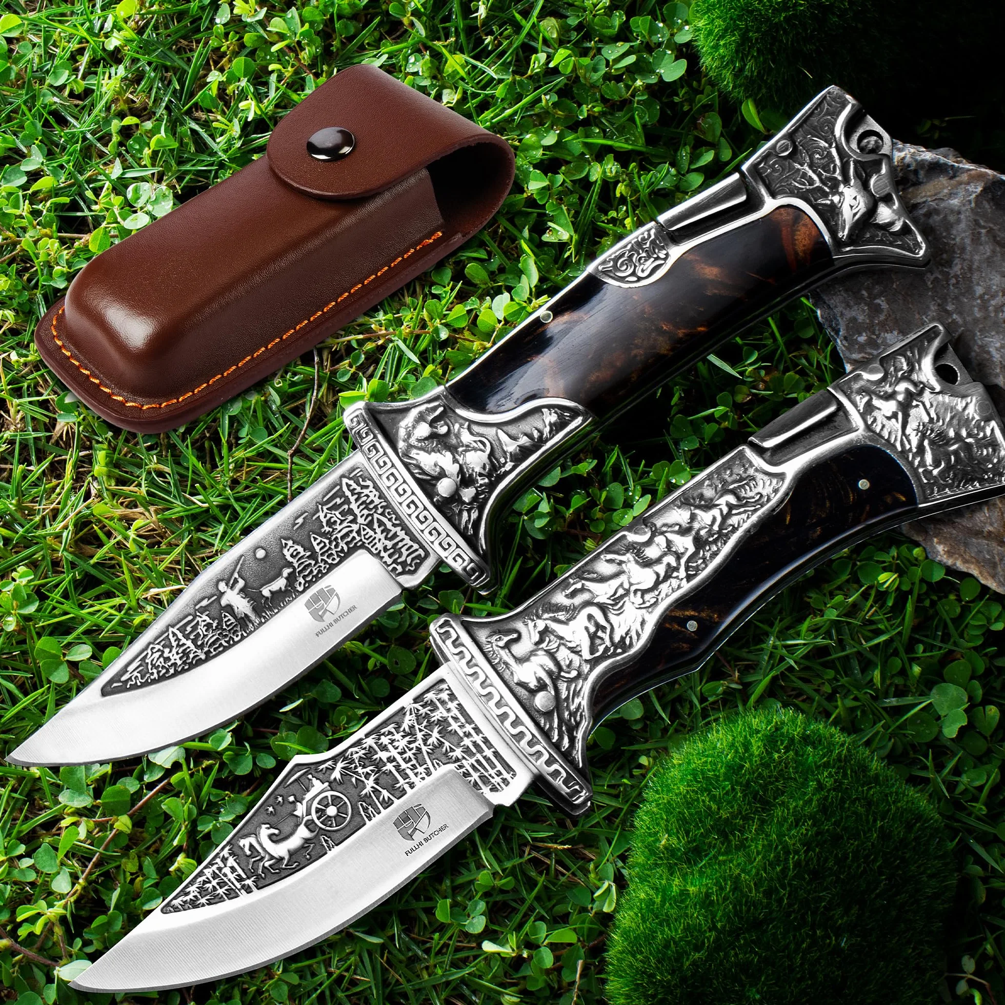 FULLHI Cuchillo de caza de bolsillo 7CR17MoV, Negro grabado, Funda de cuero