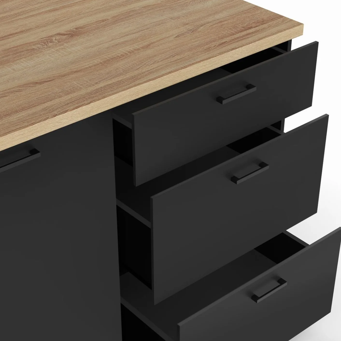 IDMarket - Isla central TIBO 110 cm de extensión frontal con 3 cajones de madera negra con encimera en imitación de madera de haya