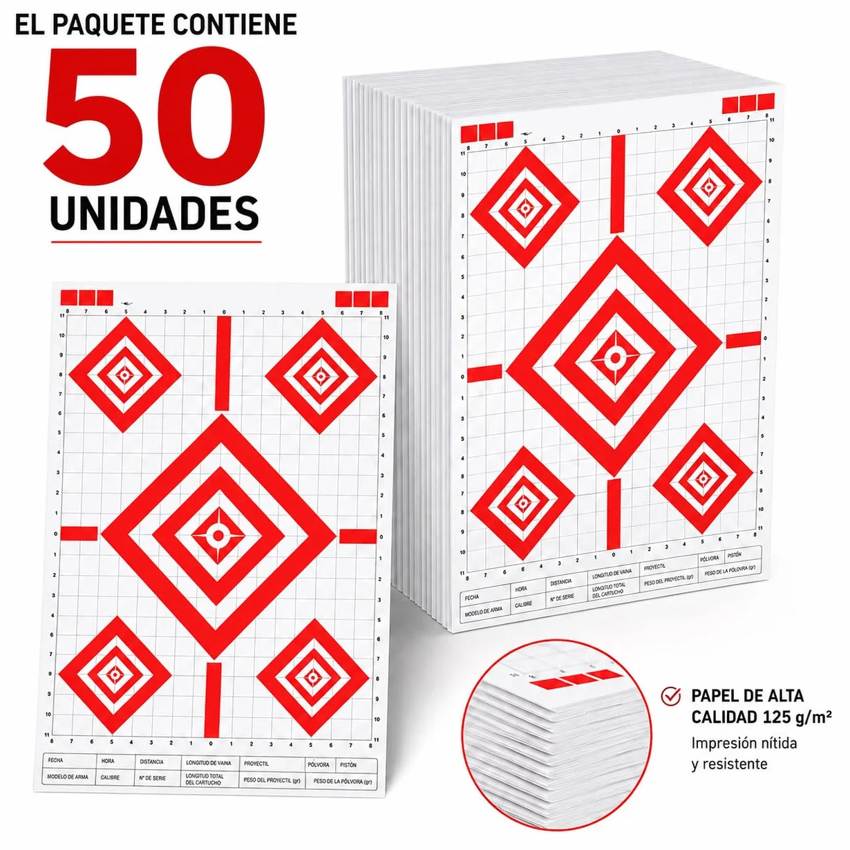 Pack 50 Dianas de Papel para Tiro 43 x 63,5 cm – Blancos con 5 Zonas – Alta Visibilidad – Pistola, Rifle, Aire Comprimido