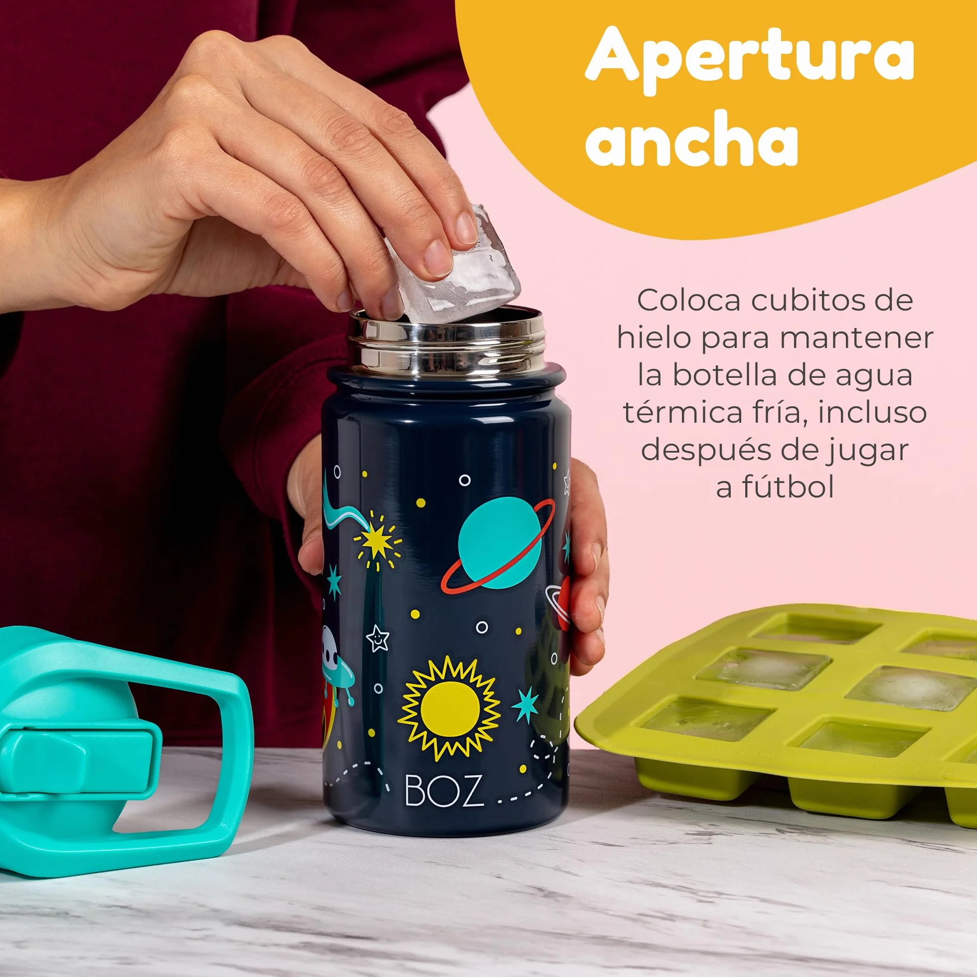 Botella Agua Acero Inoxidable 414 ml Aislamiento Doble Pared Sin BPA Antiderrame con Asa Apta Lavavajillas